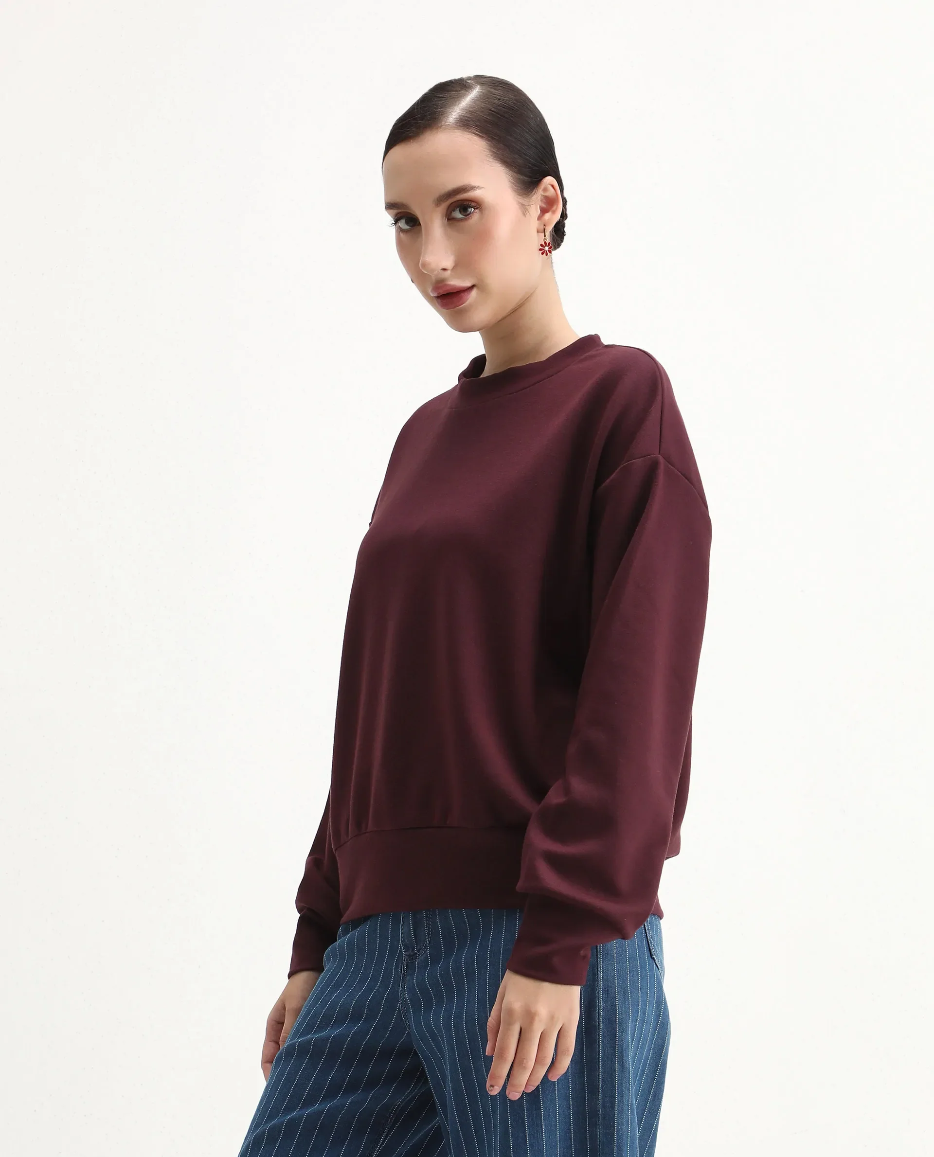 Rareism Women's Nebo Dark Maroon Modal Blend Fabric Crew Neck Relaxed Fit Printed Sweatshirt - Image 5