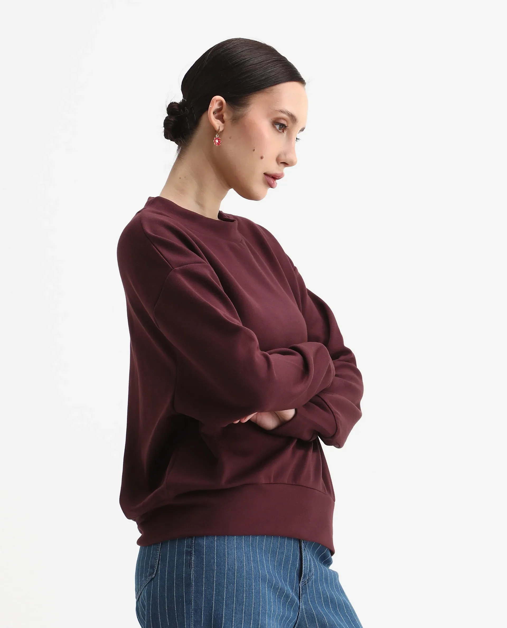 Rareism Women's Nebo Dark Maroon Modal Blend Fabric Crew Neck Relaxed Fit Printed Sweatshirt - Image 6