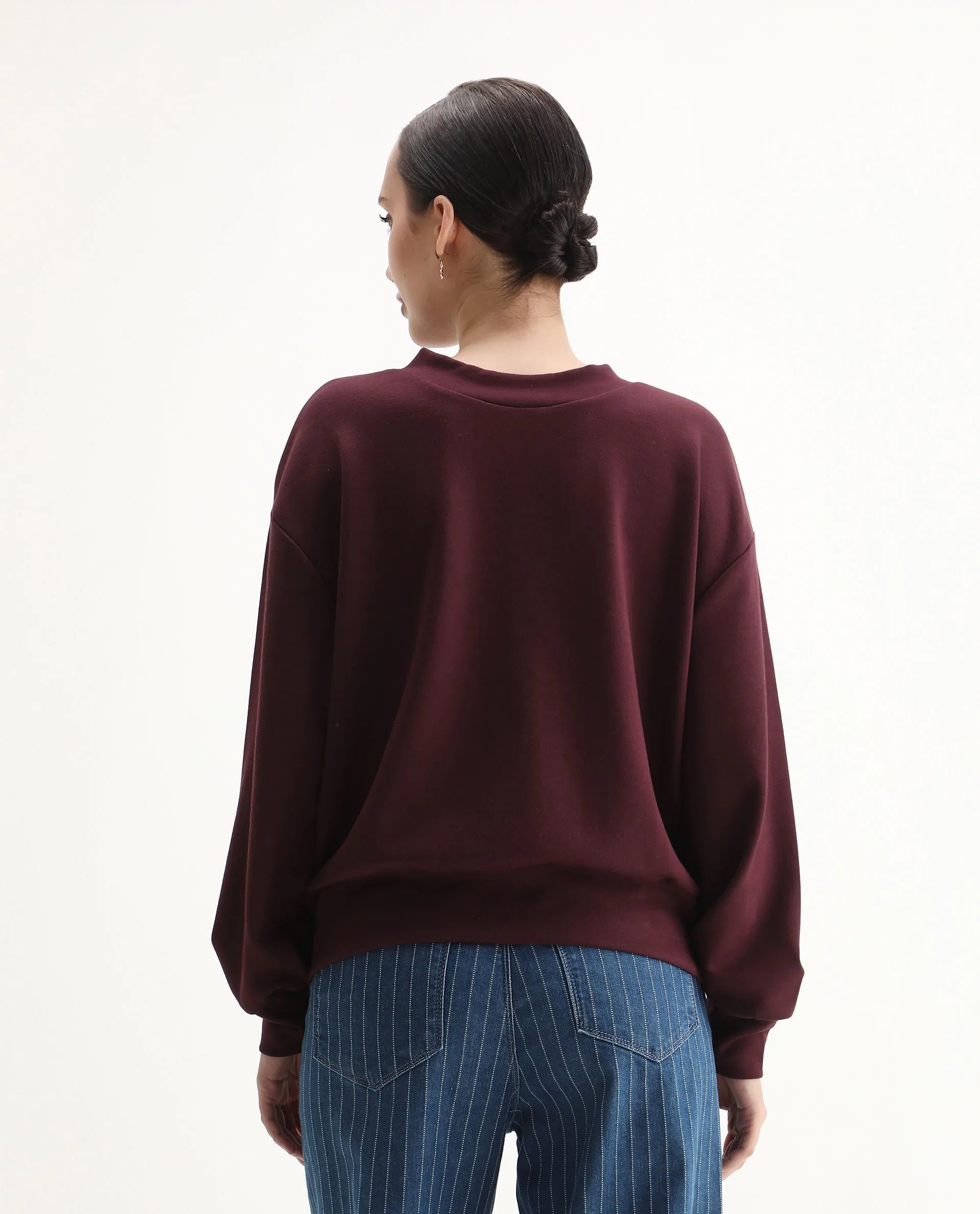 Rareism Women's Nebo Dark Maroon Modal Blend Fabric Crew Neck Relaxed Fit Printed Sweatshirt - Image 7