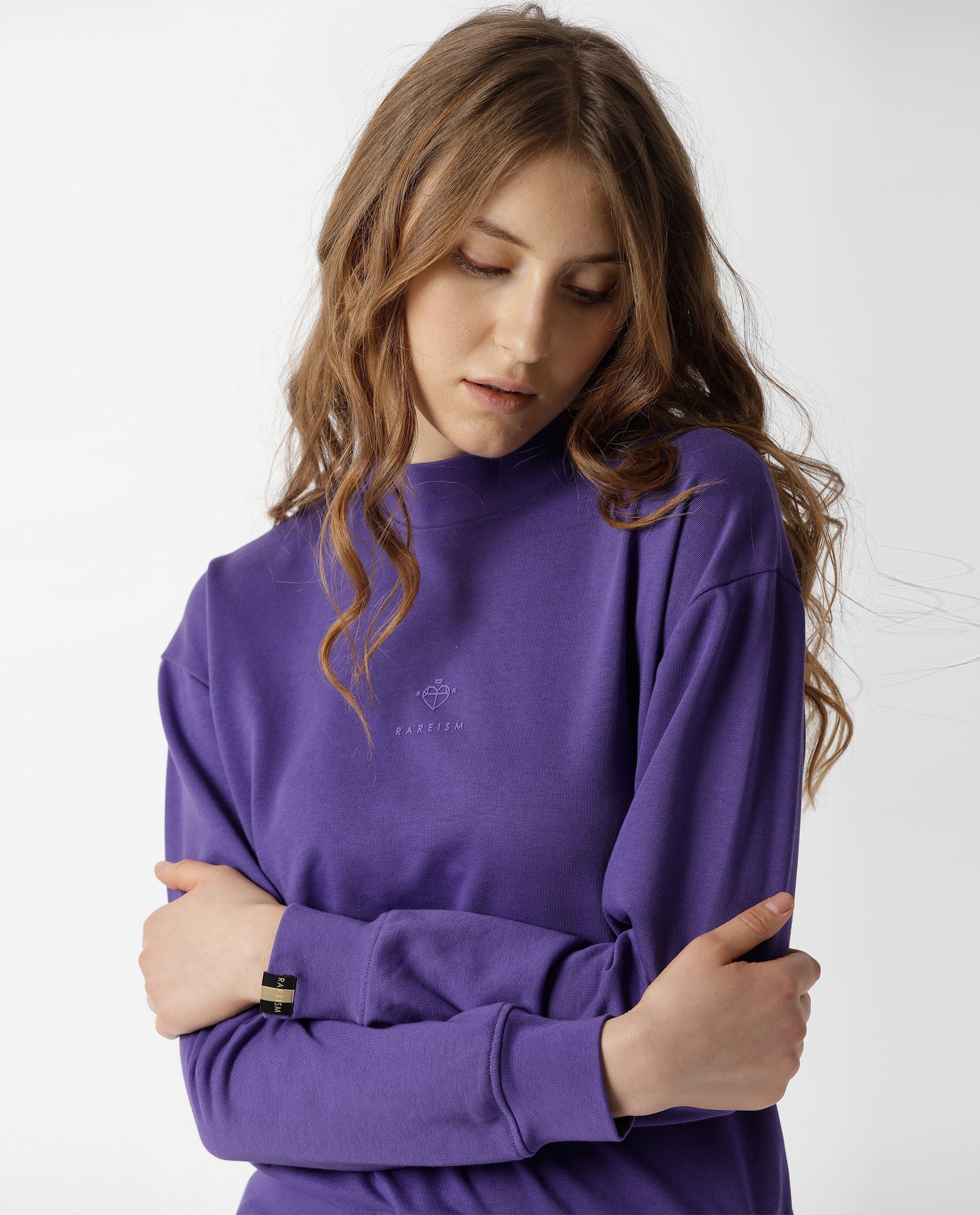 Rareism Women's Necker Purple High Neck Plain Relaxed Fit Sweatshirt