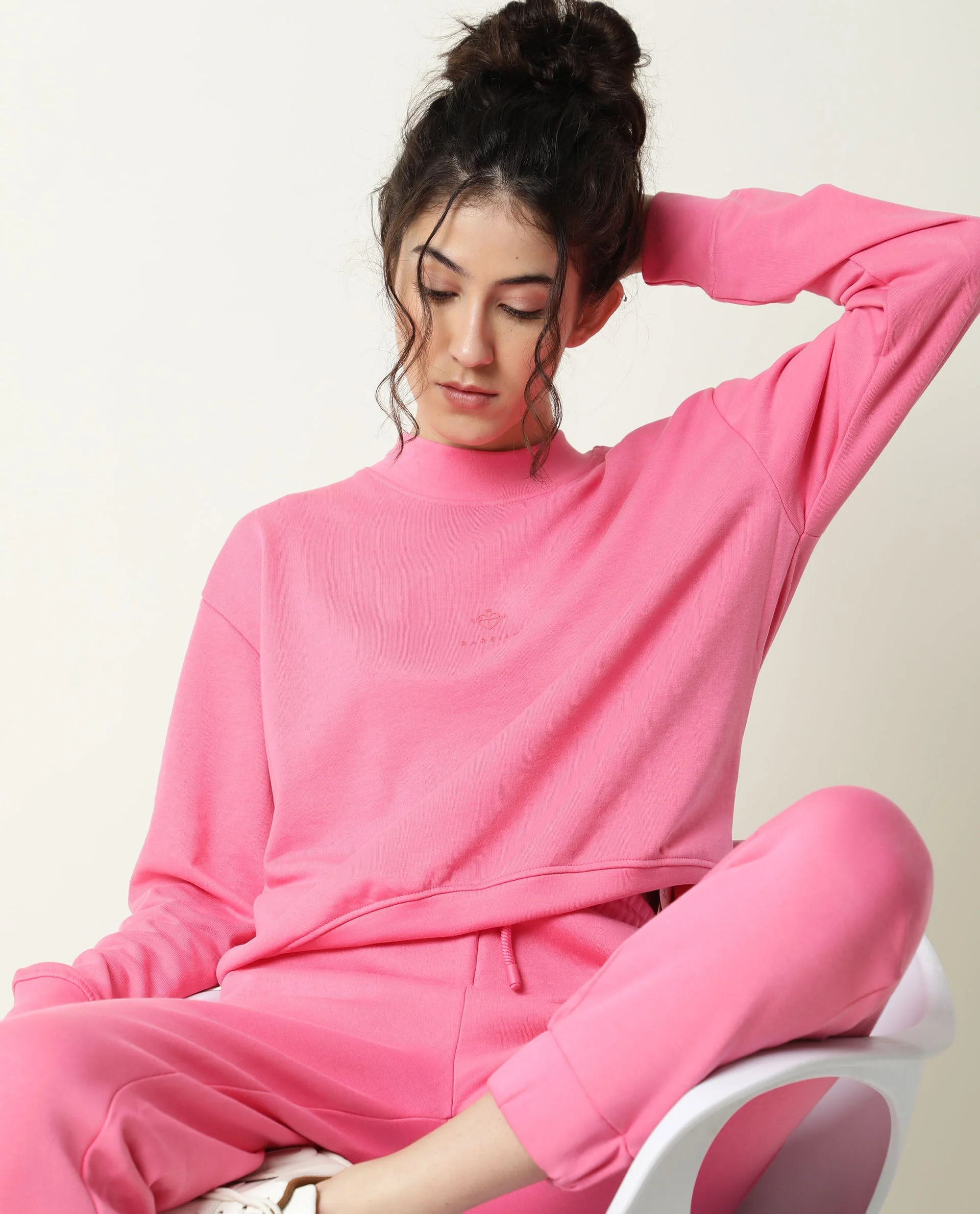 Rareism Women's Necker Pink High Neck Plain Relaxed Fit Sweatshirt