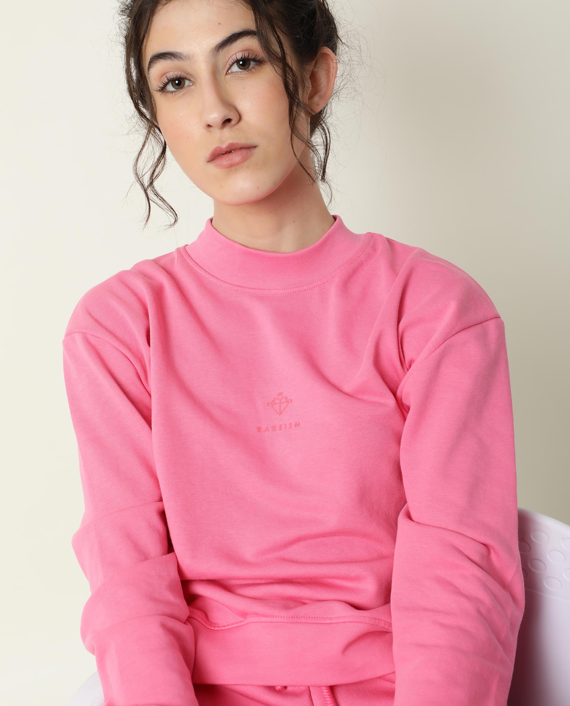 Rareism Women's Necker Pink High Neck Plain Relaxed Fit Sweatshirt - Image 9