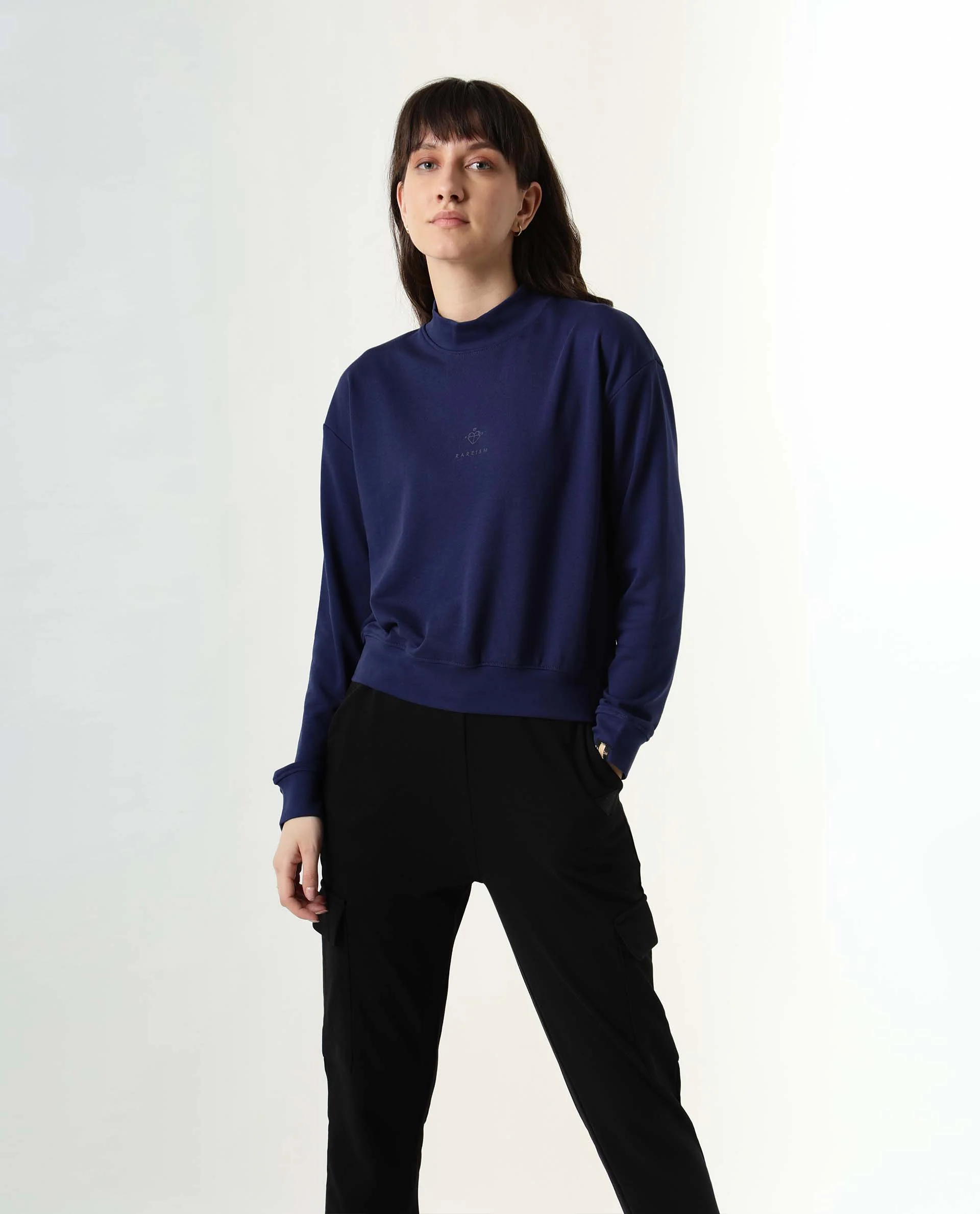 Rareism Women's Necker Blue High Neck Plain Relaxed Fit Sweatshirt