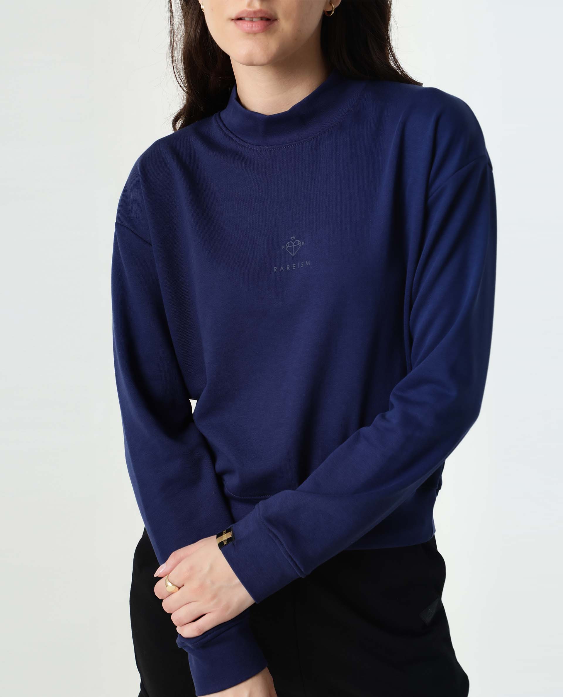 Rareism Women's Necker Blue High Neck Plain Relaxed Fit Sweatshirt - Image 2