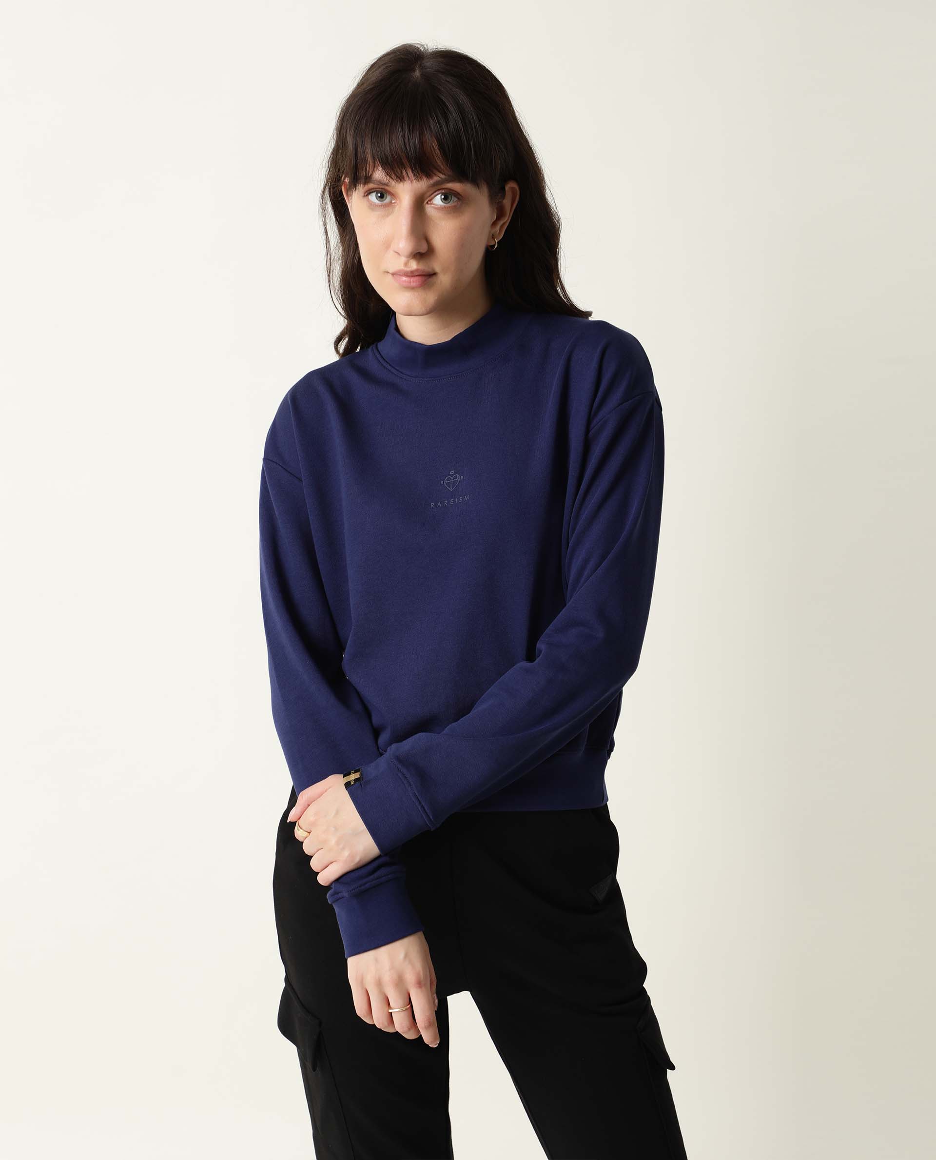 Rareism Women's Necker Blue High Neck Plain Relaxed Fit Sweatshirt - Image 3