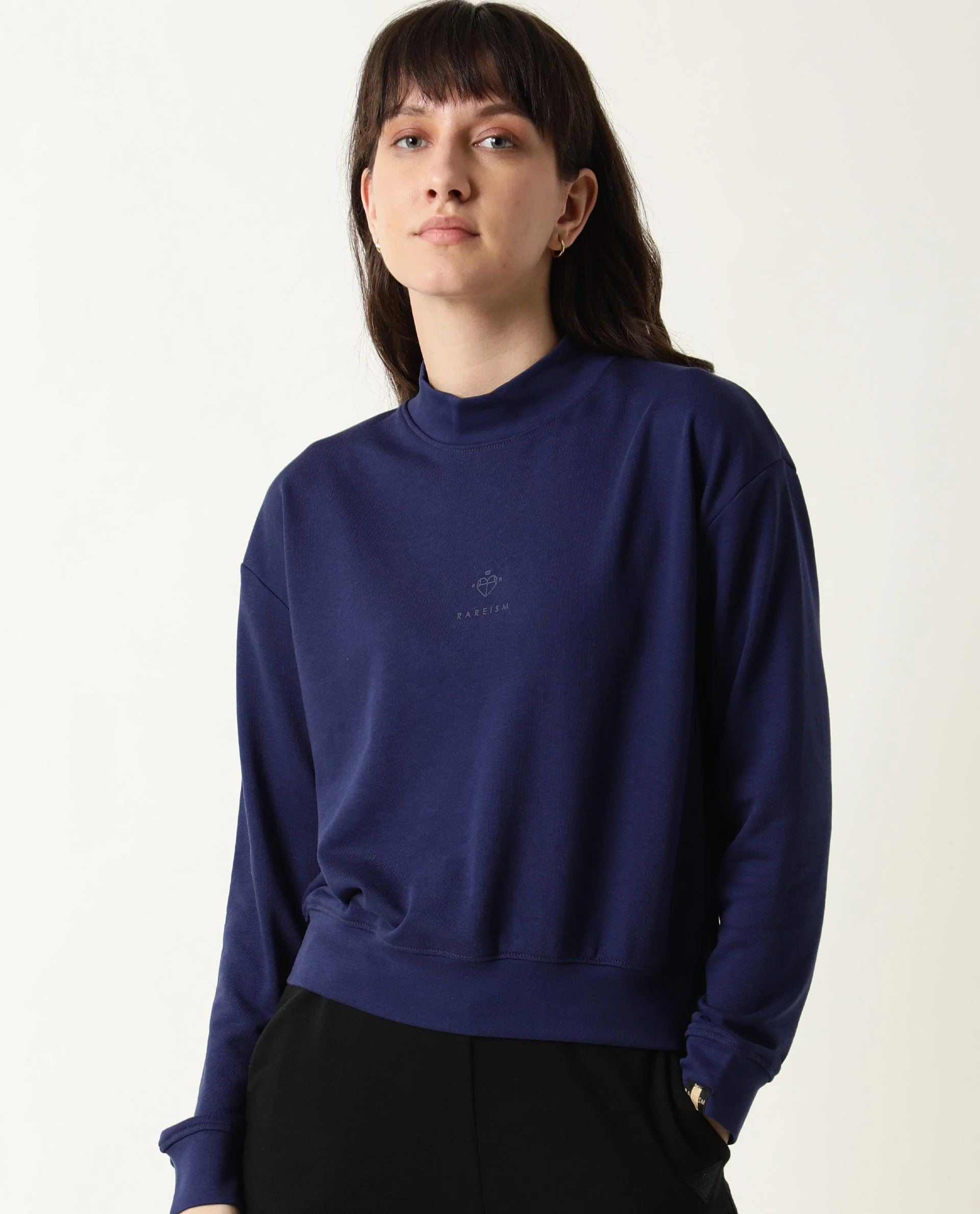 Rareism Women's Necker Blue High Neck Plain Relaxed Fit Sweatshirt - Image 4
