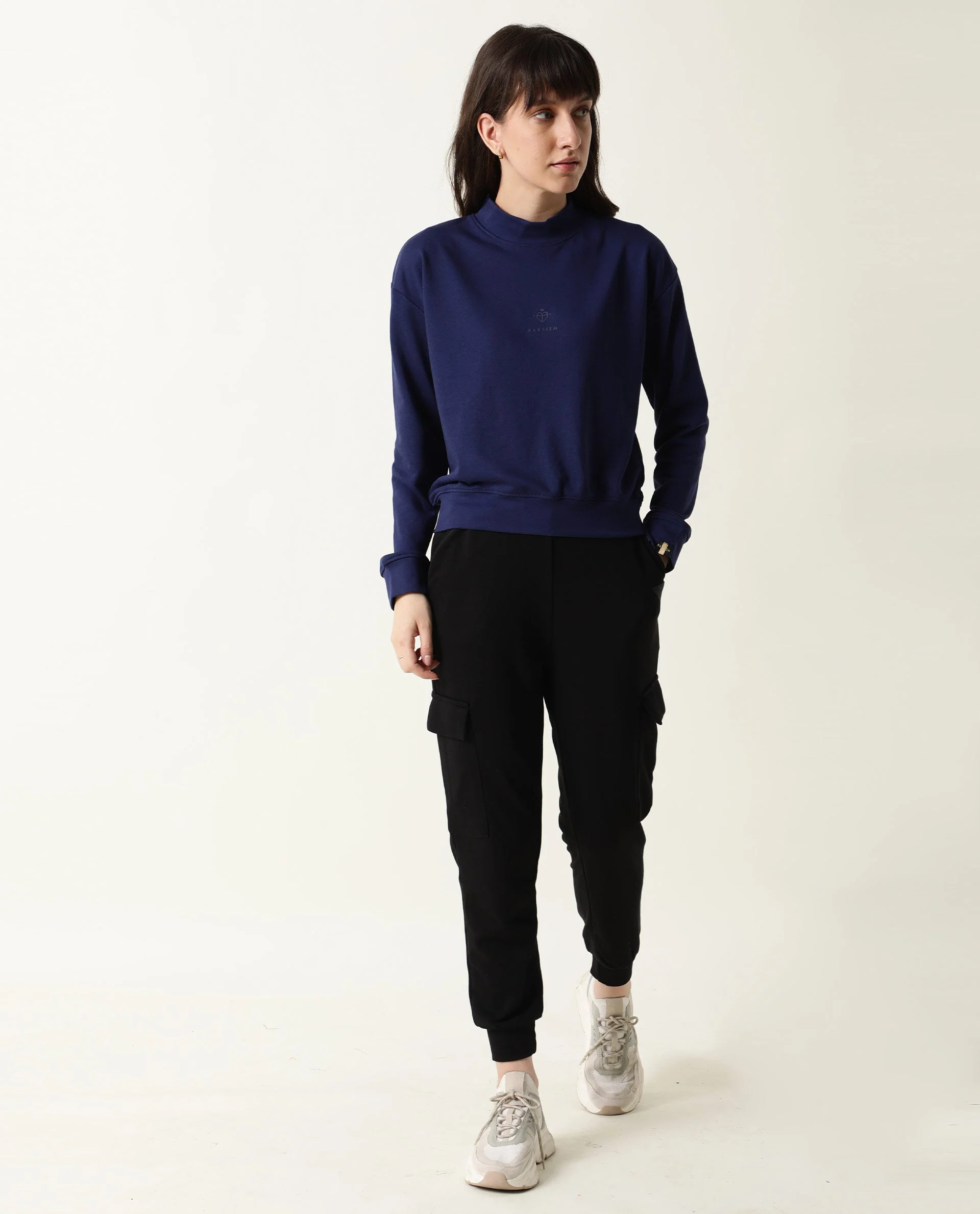 Rareism Women's Necker Blue High Neck Plain Relaxed Fit Sweatshirt - Image 5