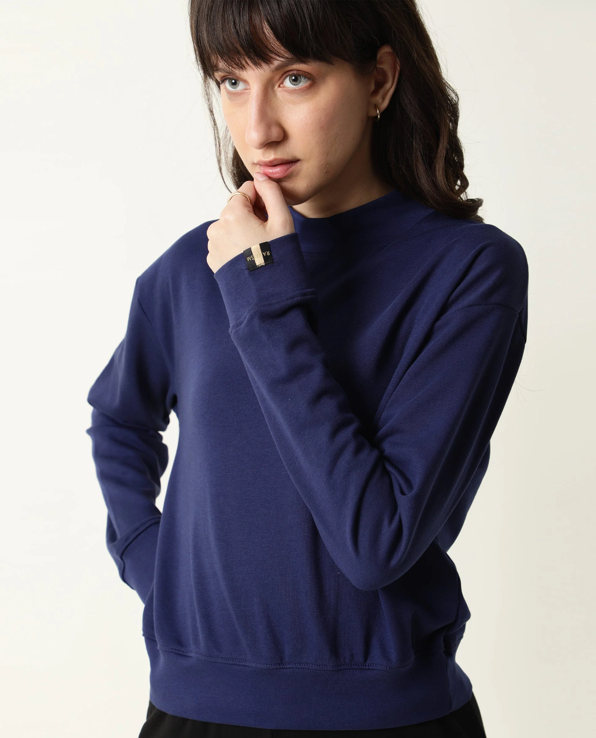 Rareism Women's Necker Blue High Neck Plain Relaxed Fit Sweatshirt - Image 7
