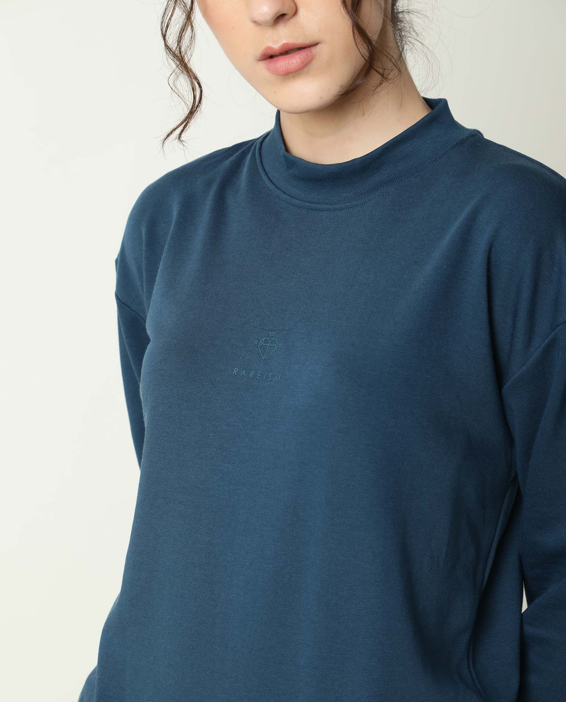 Rareism Women's Necker Petrol High Neck Plain Relaxed Fit Sweatshirt - Image 3