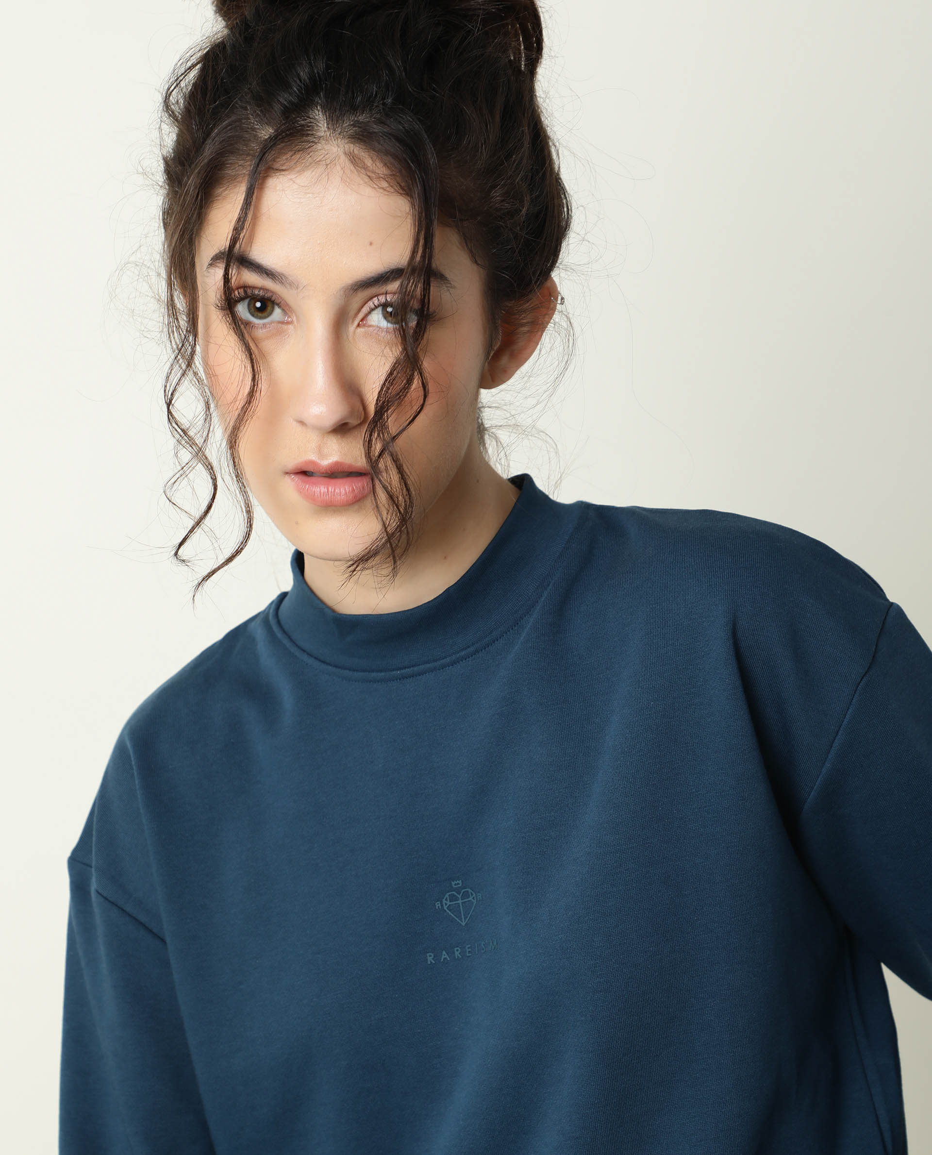 Rareism Women's Necker Petrol High Neck Plain Relaxed Fit Sweatshirt - Image 9