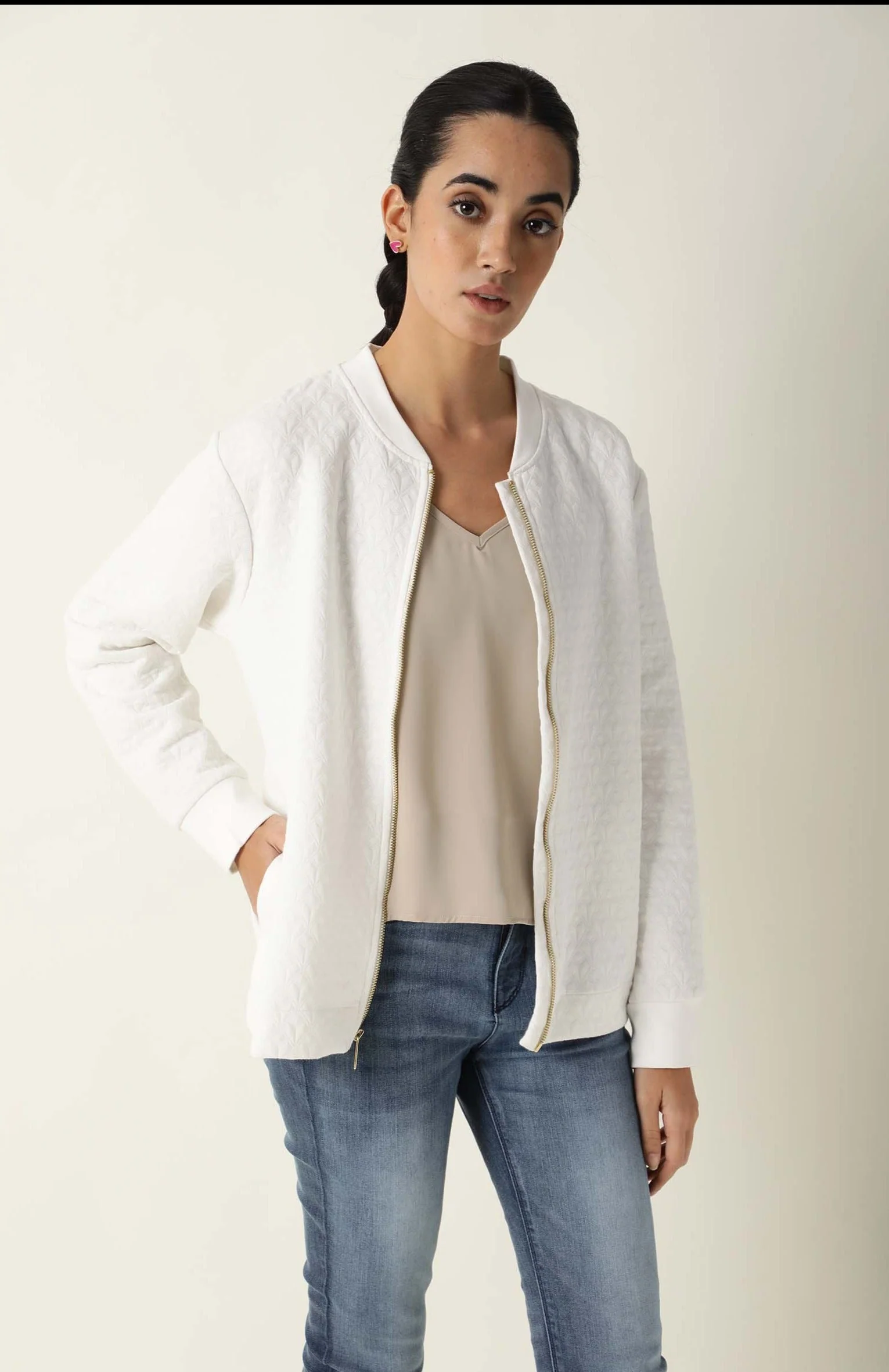 Rareism Womens Nect Off White Jacket Full Sleeve Long Sleeve Ribbed Neck - Image 4
