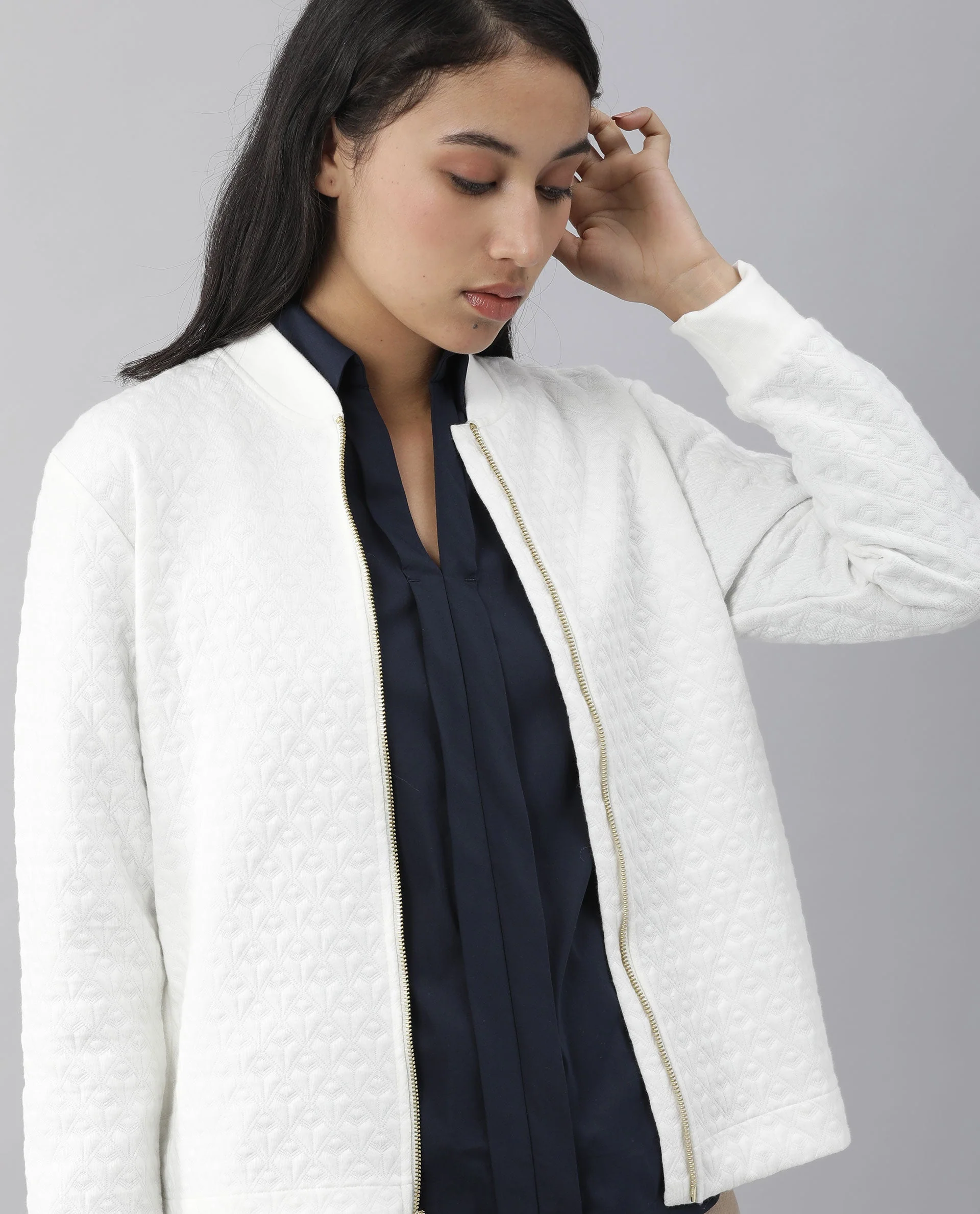 Rareism Womens Nect Off White Jacket Full Sleeve Long Sleeve Ribbed Neck - Image 5