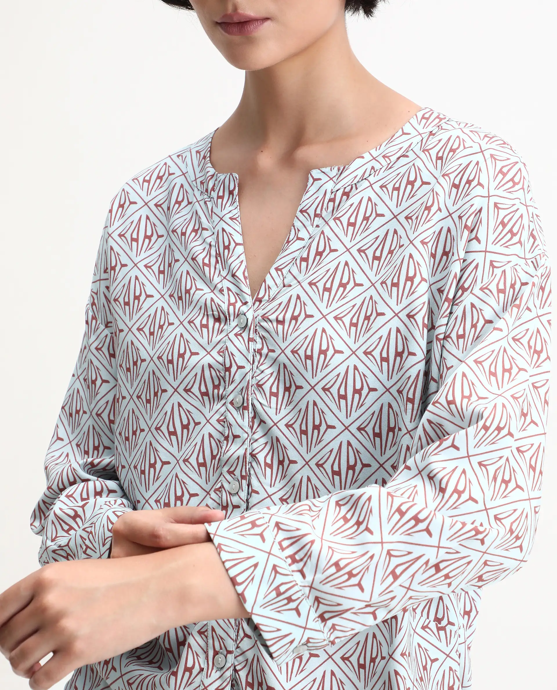Rareism Women's Nector Blue Viscose Mandarin Collar Monogram Print Regular Fit Top - Image 3