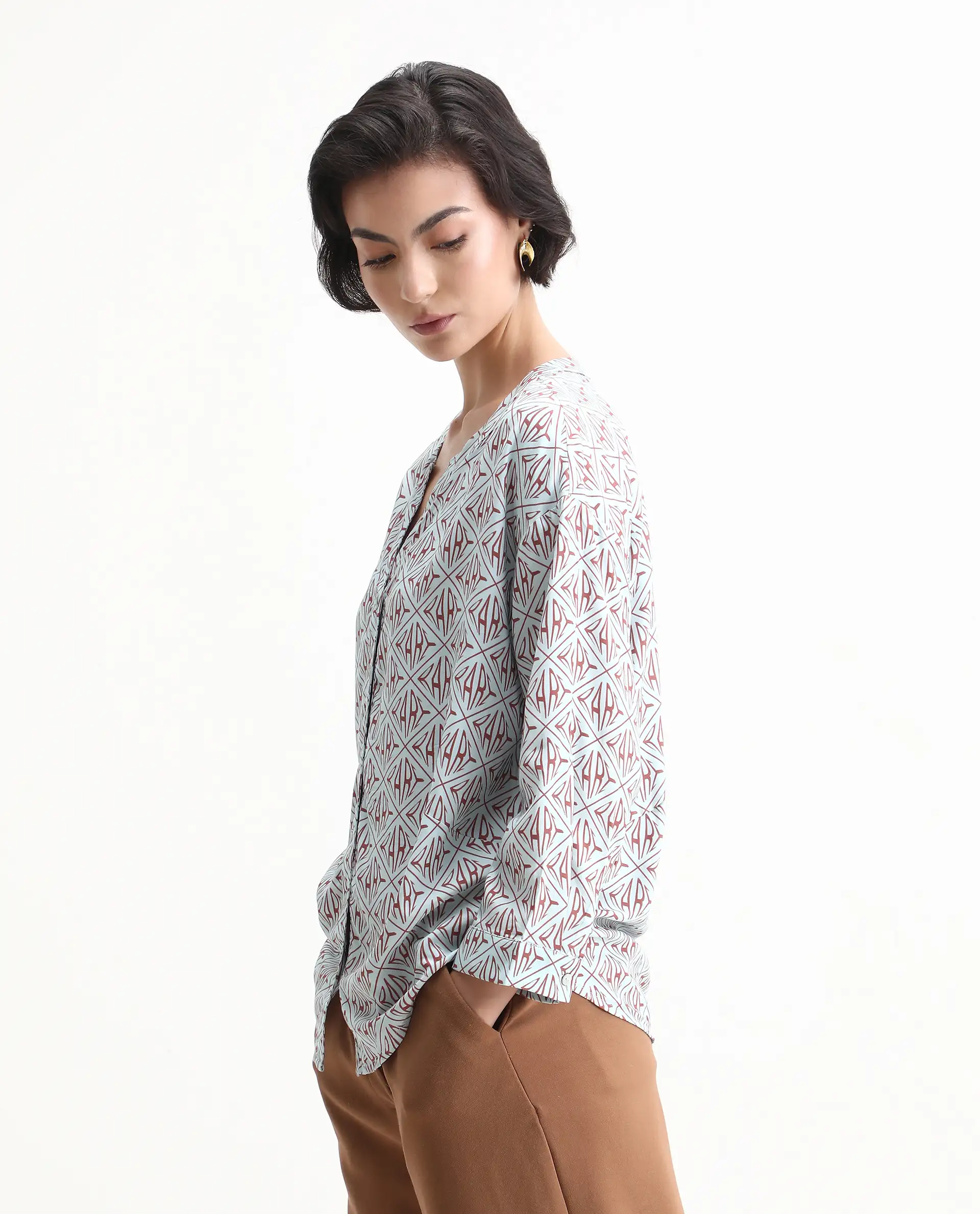 Rareism Women's Nector Blue Viscose Mandarin Collar Monogram Print Regular Fit Top - Image 4