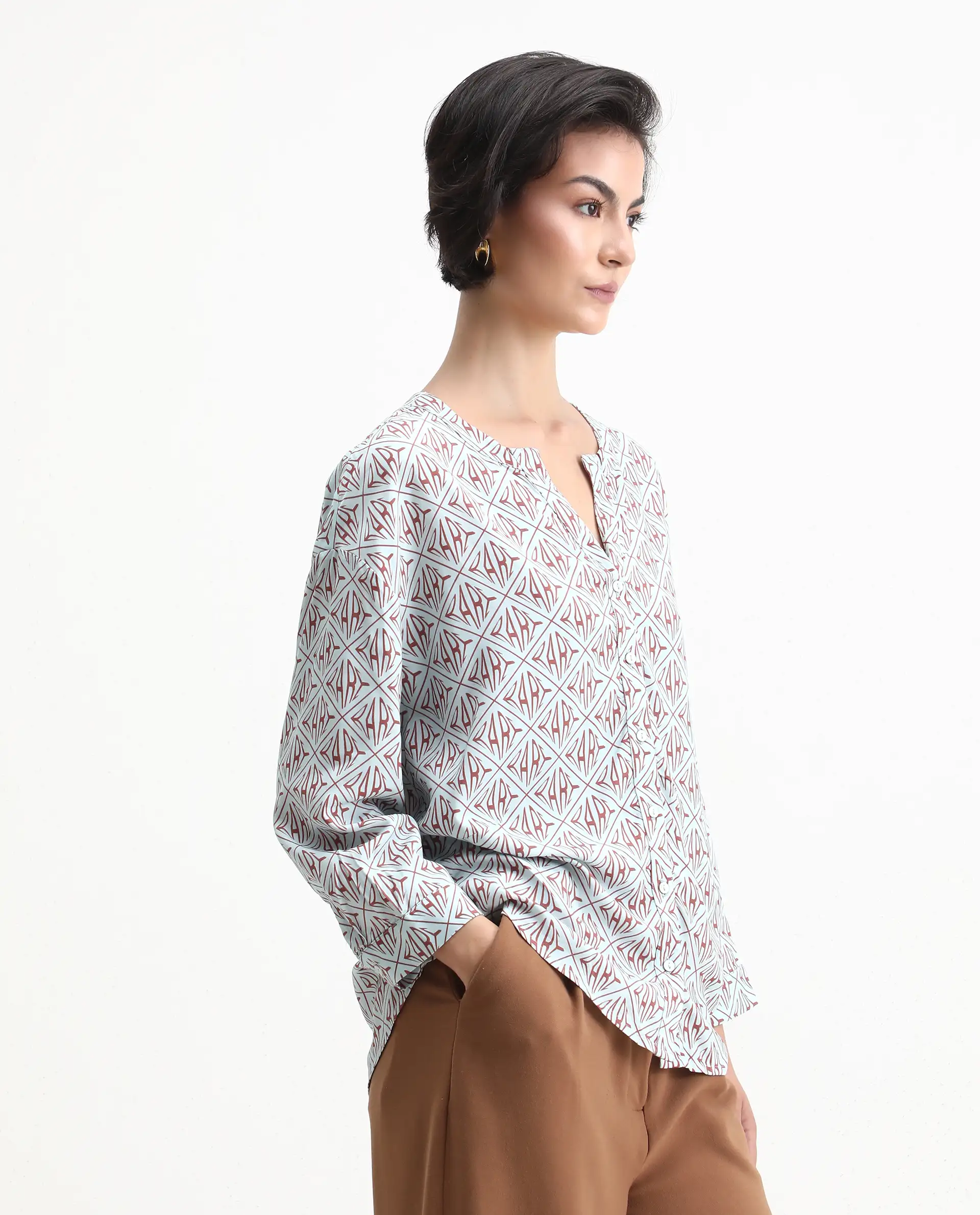 Rareism Women's Nector Blue Viscose Mandarin Collar Monogram Print Regular Fit Top - Image 5