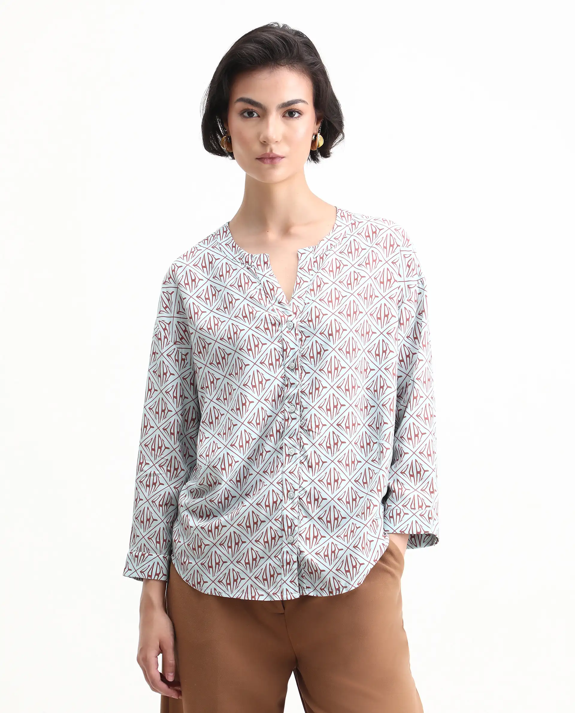 Rareism Women's Nector Blue Viscose Mandarin Collar Monogram Print Regular Fit Top - Image 6