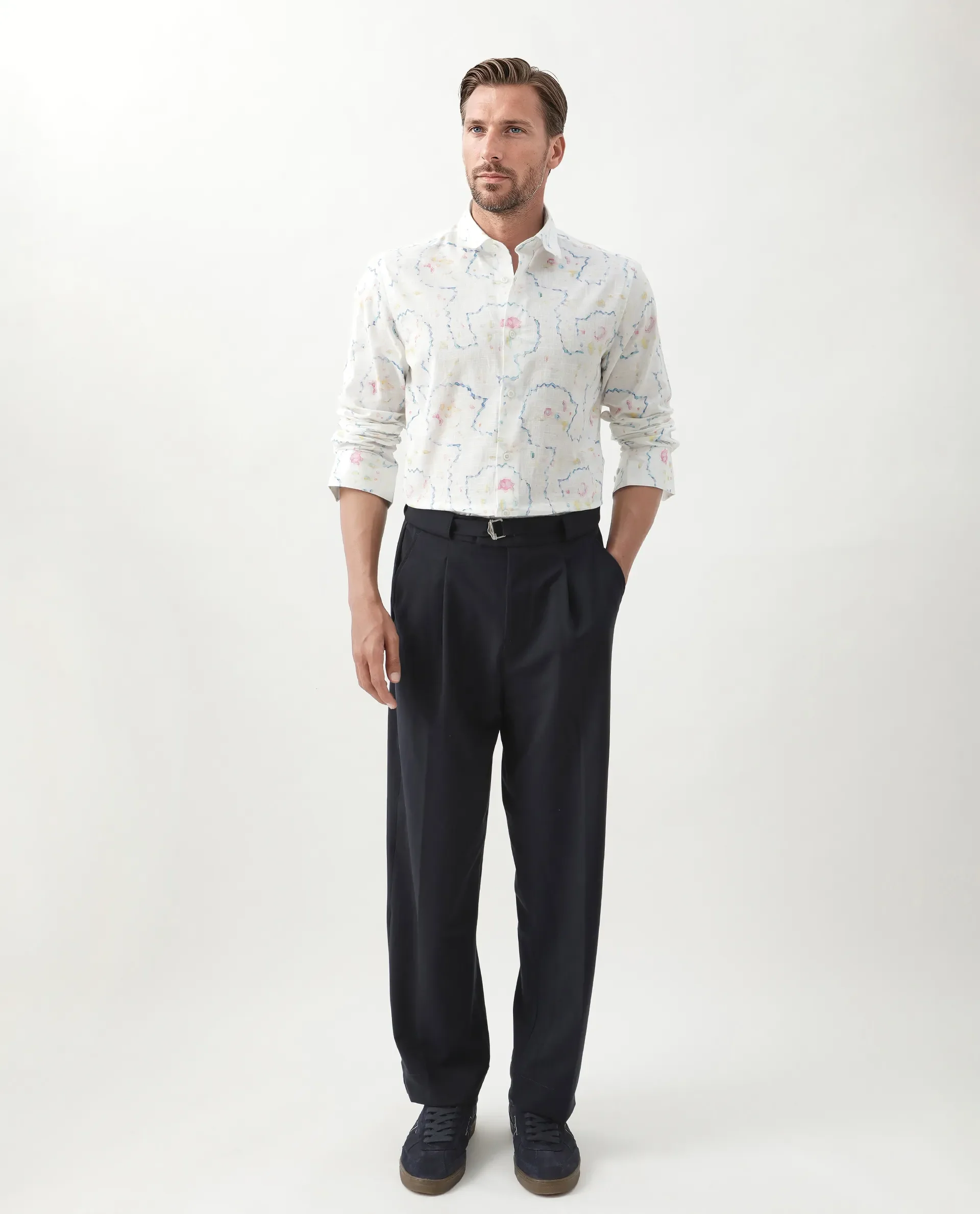 Rare Rabbit Men's Nede White Cotton Abstract Print Relaxed Fit Full Sleeve Collared Shirt - Image 2