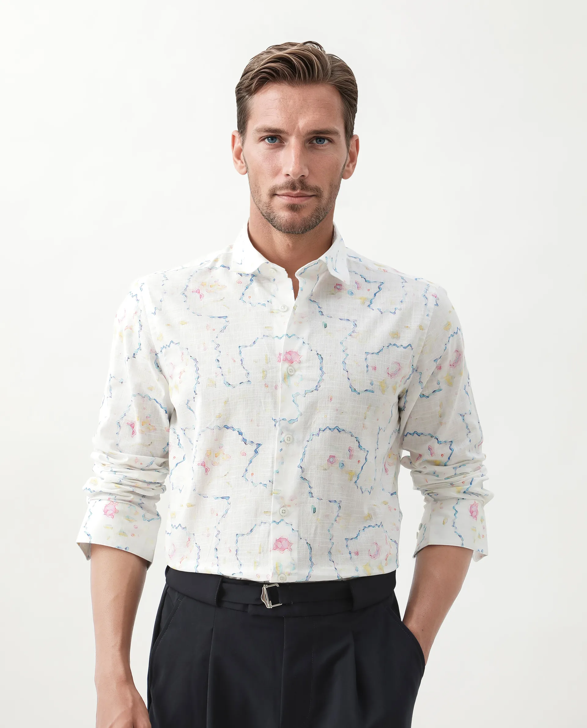Rare Rabbit Men's Nede White Cotton Abstract Print Relaxed Fit Full Sleeve Collared Shirt - Image 3