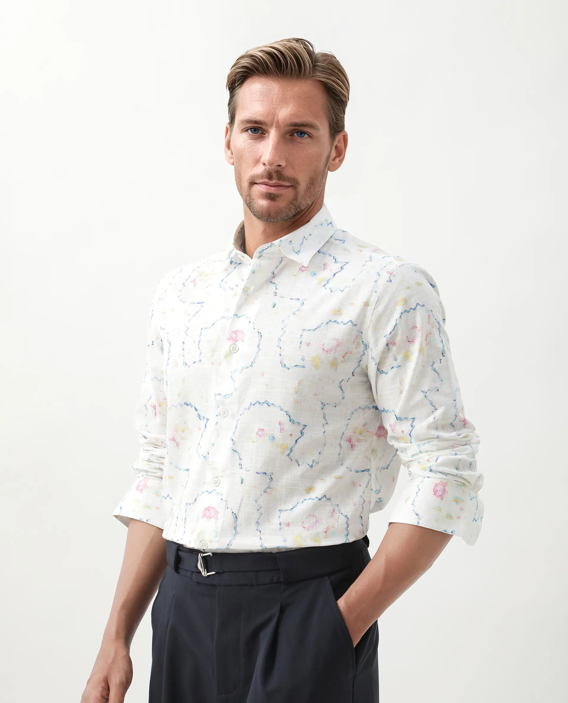 Rare Rabbit Men's Nede White Cotton Abstract Print Relaxed Fit Full Sleeve Collared Shirt - Image 7