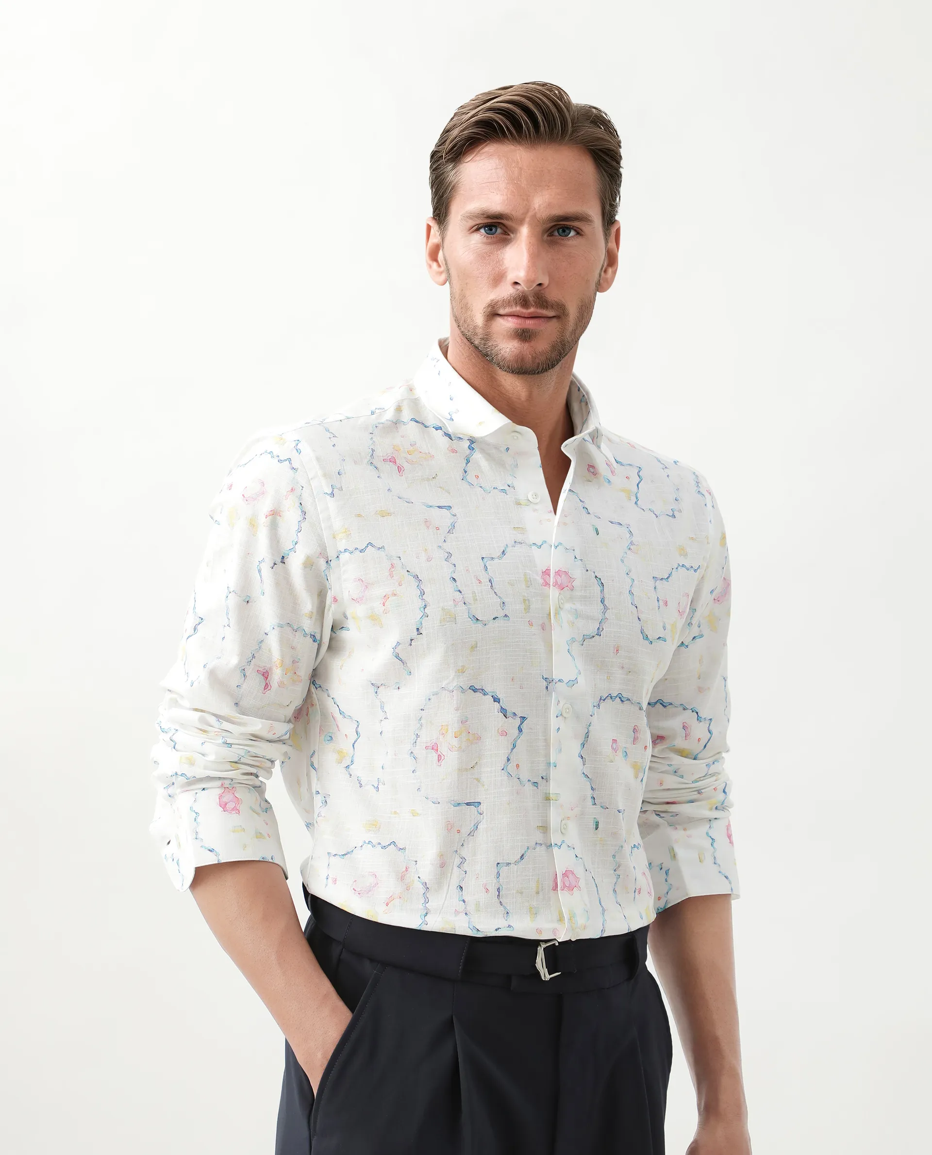 Rare Rabbit Men's Nede White Cotton Abstract Print Relaxed Fit Full Sleeve Collared Shirt - Image 8