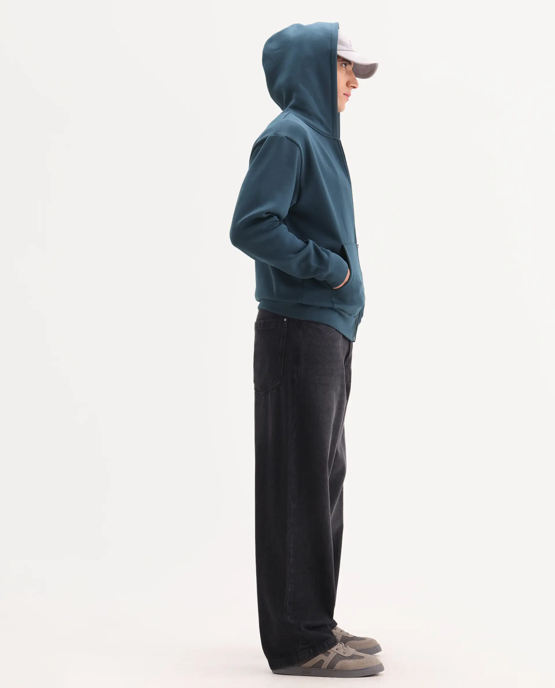 Rare Rabbit Men's Nedon Dark Teal Cotton Blend Fabric Full Sleeves Hooded Zipper Closure Typography Print Sweatshirt - Image 2