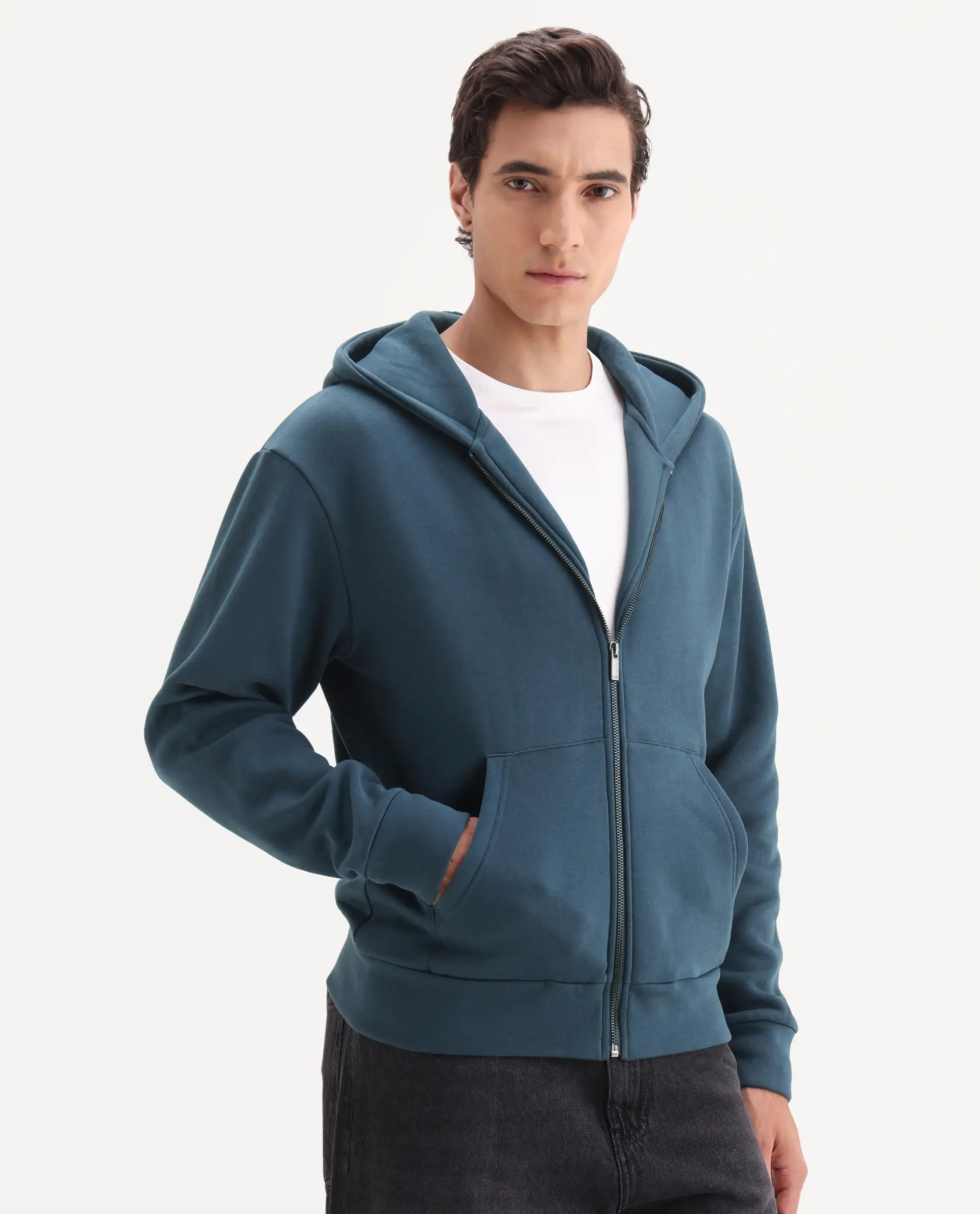 Rare Rabbit Men's Nedon Dark Teal Cotton Blend Fabric Full Sleeves Hooded Zipper Closure Typography Print Sweatshirt - Image 3
