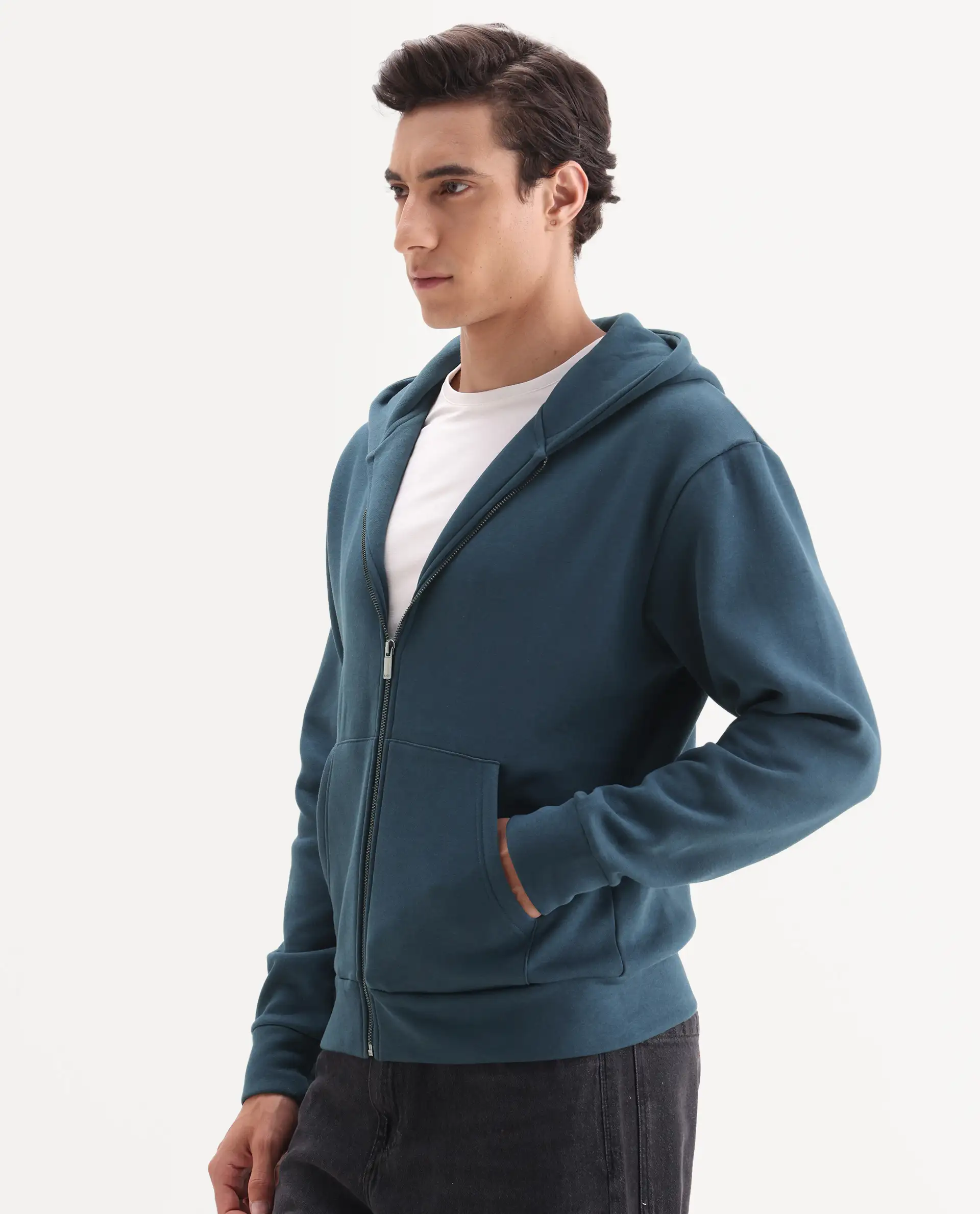 Rare Rabbit Men's Nedon Dark Teal Cotton Blend Fabric Full Sleeves Hooded Zipper Closure Typography Print Sweatshirt - Image 4
