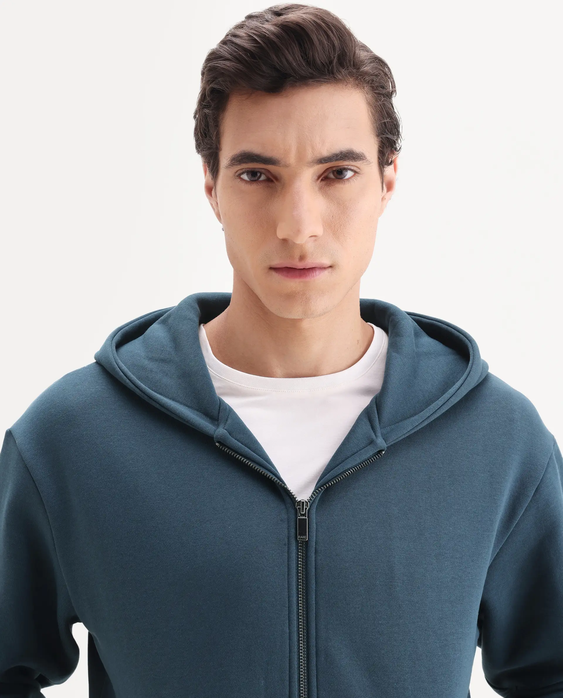 Rare Rabbit Men's Nedon Dark Teal Cotton Blend Fabric Full Sleeves Hooded Zipper Closure Typography Print Sweatshirt - Image 5