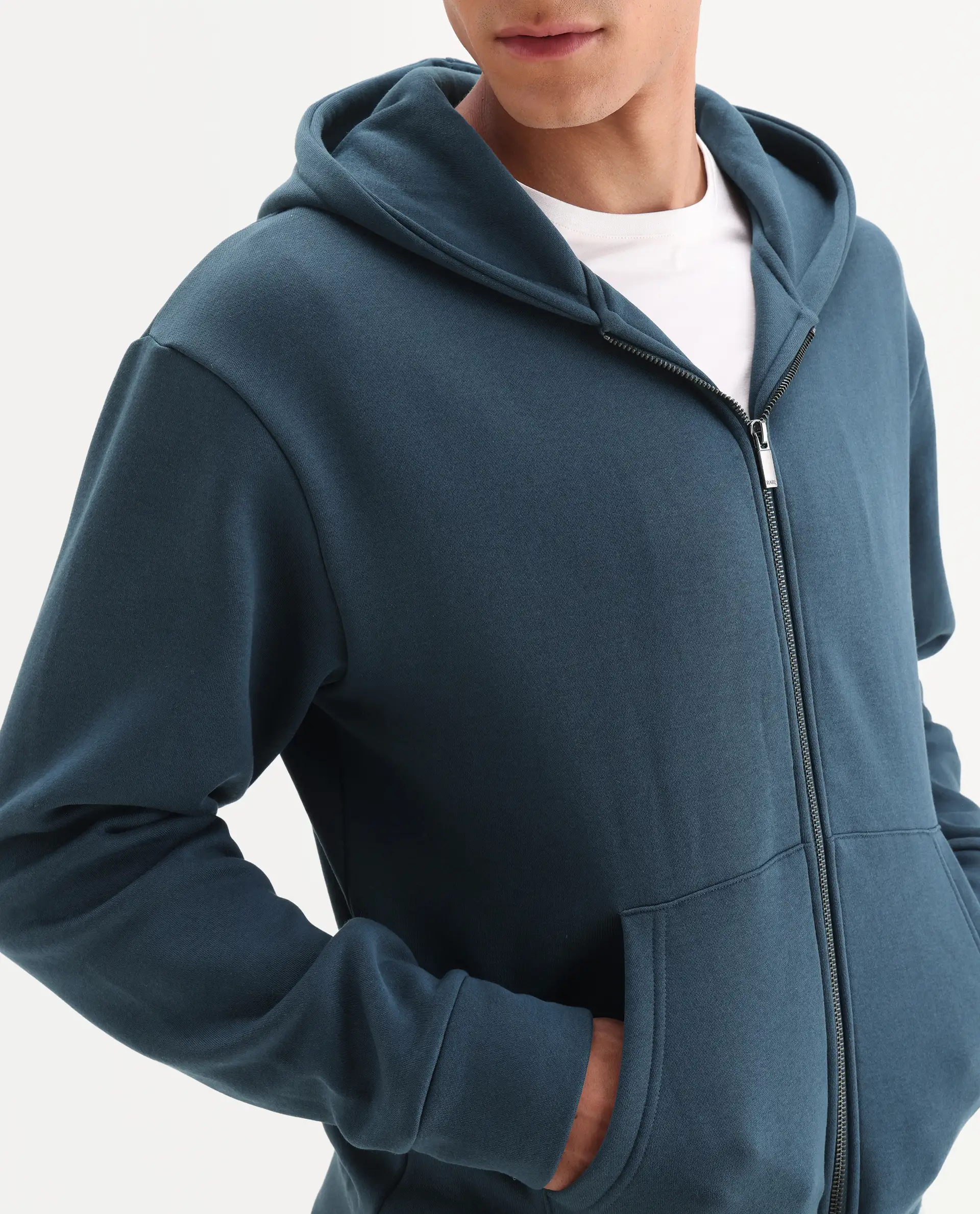 Rare Rabbit Men's Nedon Dark Teal Cotton Blend Fabric Full Sleeves Hooded Zipper Closure Typography Print Sweatshirt - Image 6