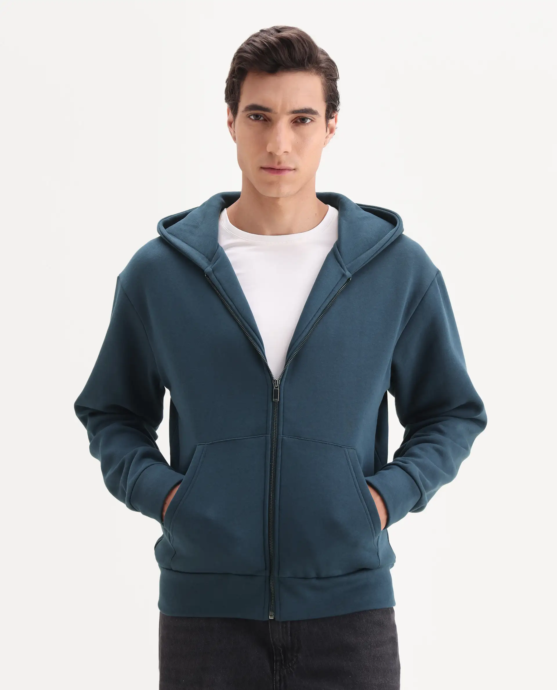 Rare Rabbit Men's Nedon Dark Teal Cotton Blend Fabric Full Sleeves Hooded Zipper Closure Typography Print Sweatshirt - Image 7