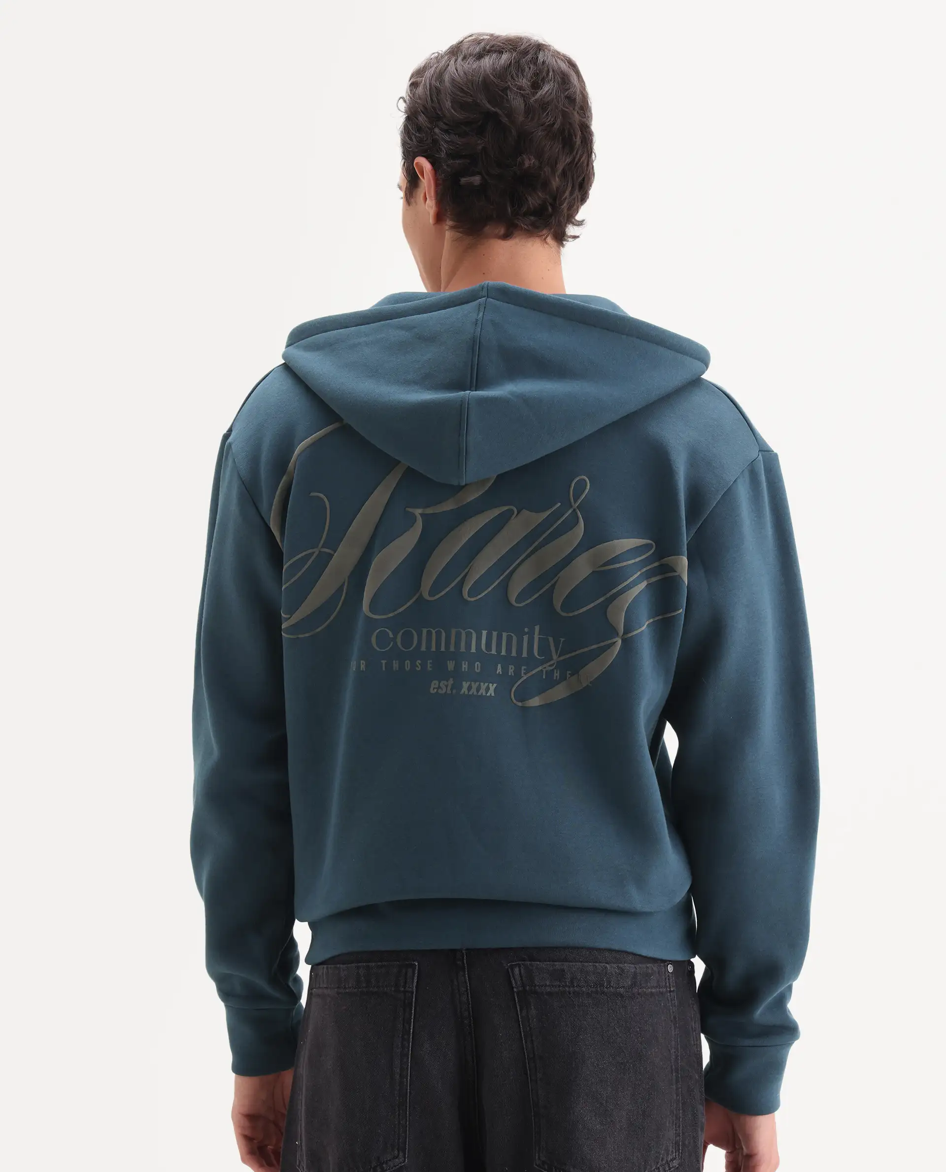 Rare Rabbit Men's Nedon Dark Teal Cotton Blend Fabric Full Sleeves Hooded Zipper Closure Typography Print Sweatshirt - Image 8