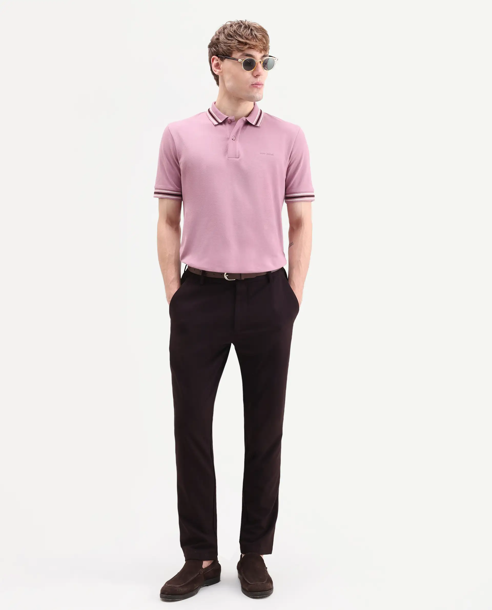 Rare Rabbit Men's Nega Dusky Pink Cotton Blend Fabric Half Sleeve Spread Collar Regular Fit Plain Polo - Image 2