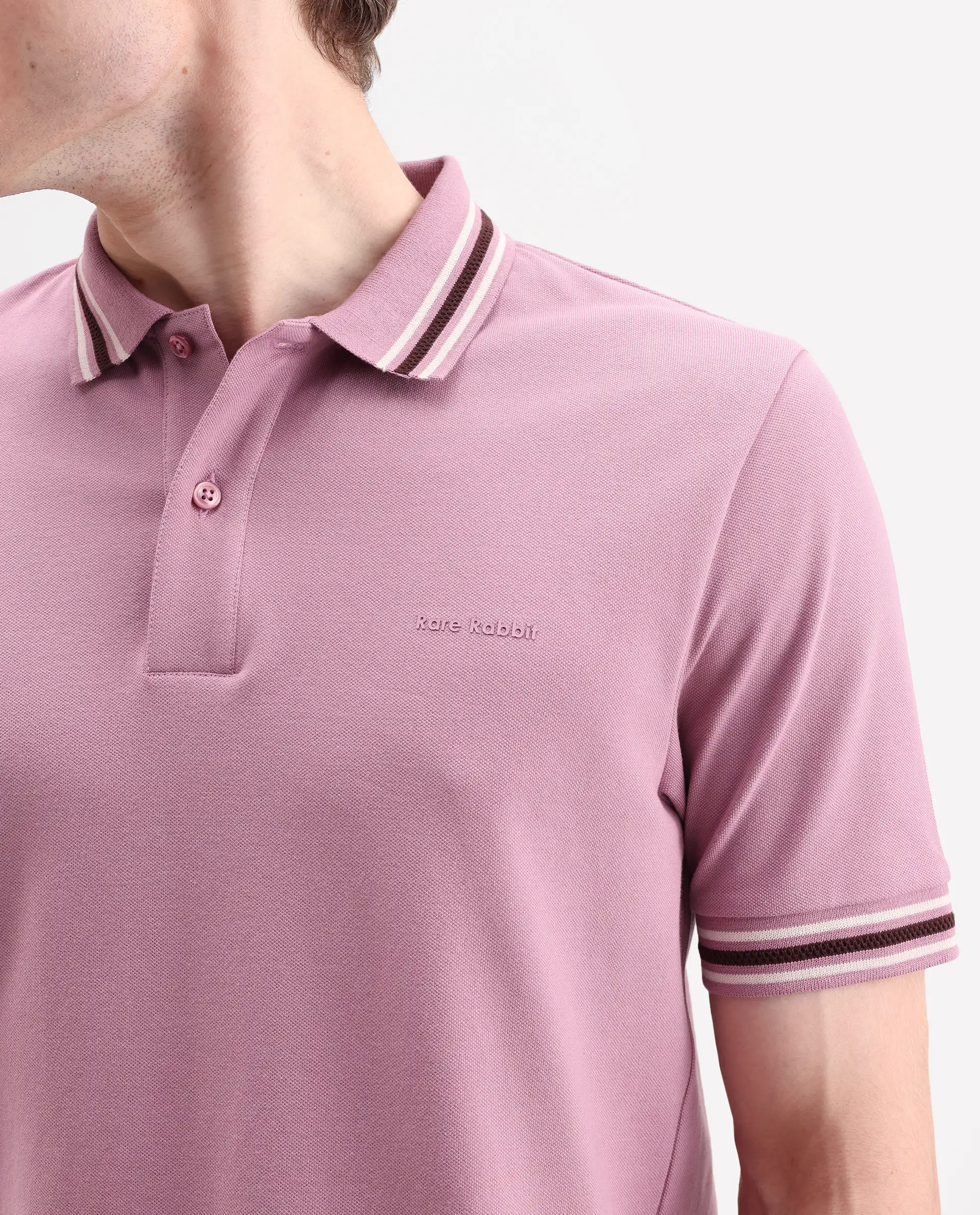 Rare Rabbit Men's Nega Dusky Pink Cotton Blend Fabric Half Sleeve Spread Collar Regular Fit Plain Polo - Image 3