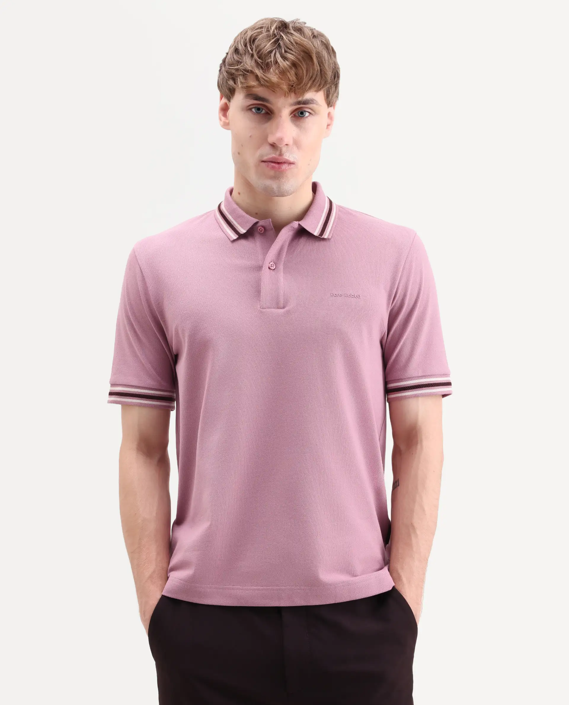 Rare Rabbit Men's Nega Dusky Pink Cotton Blend Fabric Half Sleeve Spread Collar Regular Fit Plain Polo - Image 4