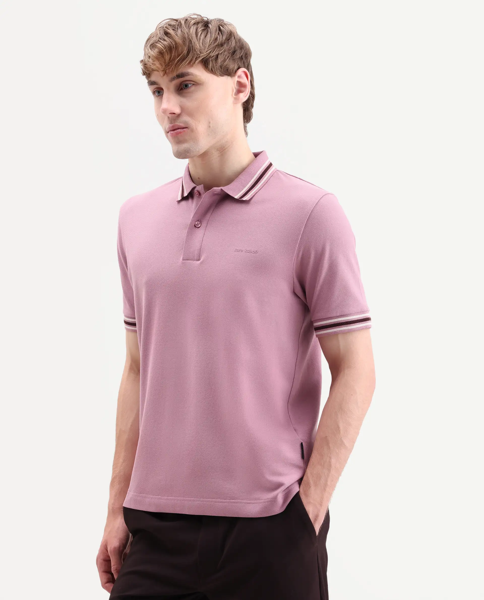 Rare Rabbit Men's Nega Dusky Pink Cotton Blend Fabric Half Sleeve Spread Collar Regular Fit Plain Polo - Image 5