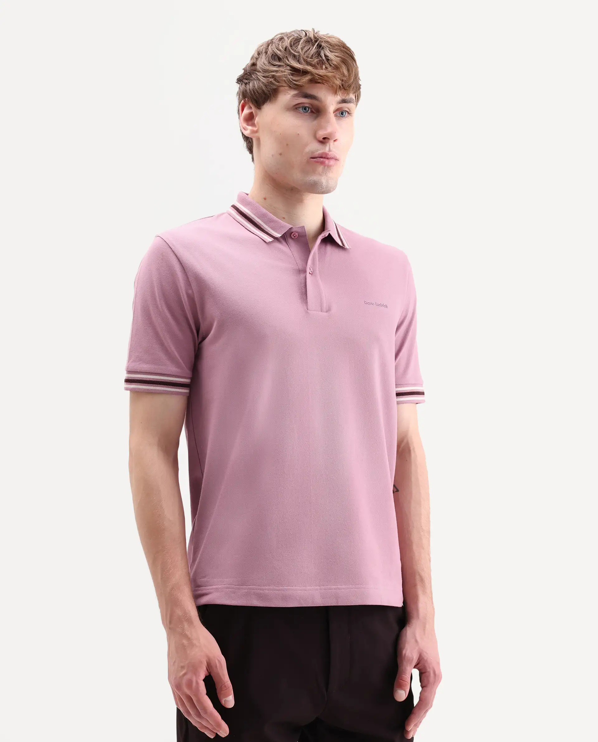 Rare Rabbit Men's Nega Dusky Pink Cotton Blend Fabric Half Sleeve Spread Collar Regular Fit Plain Polo - Image 6