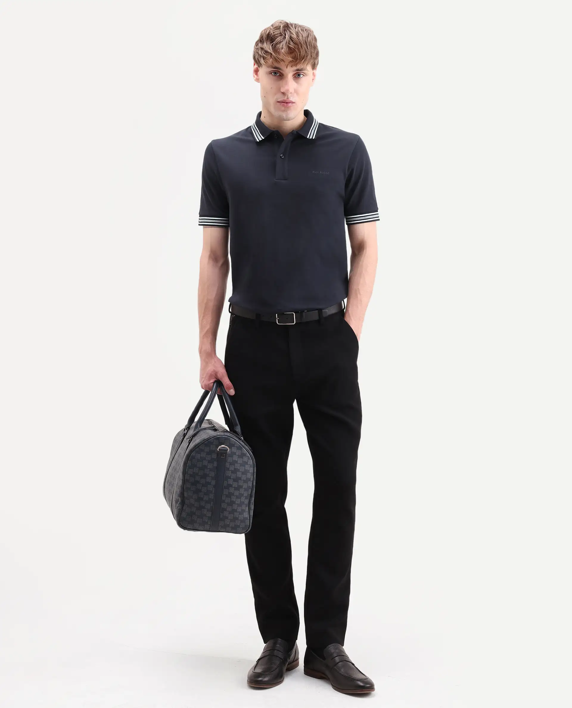 Rare Rabbit Men's Nega Navy Cotton Blend Fabric Half Sleeve Spread Collar Regular Fit Plain Polo - Image 2