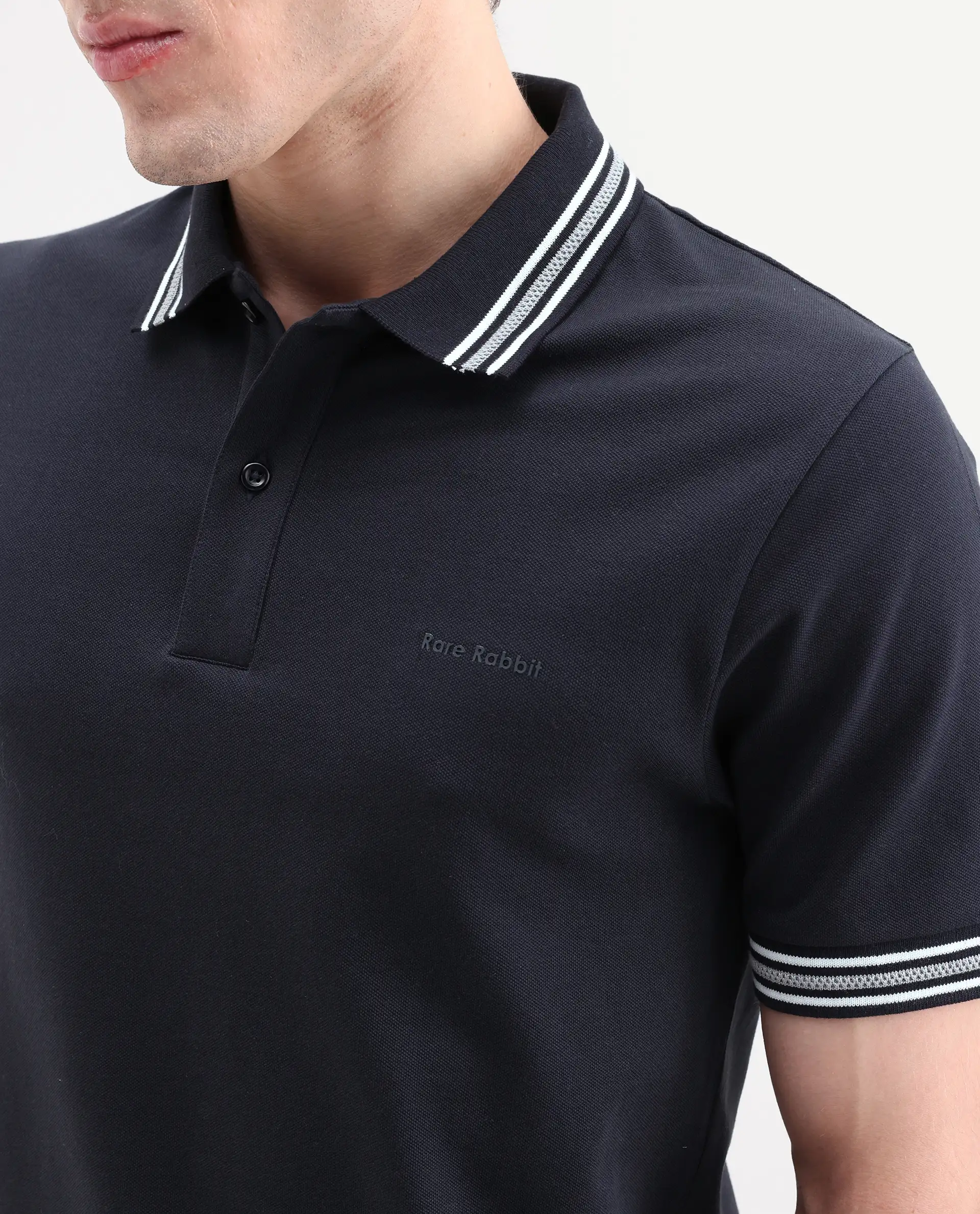 Rare Rabbit Men's Nega Navy Cotton Blend Fabric Half Sleeve Spread Collar Regular Fit Plain Polo - Image 3