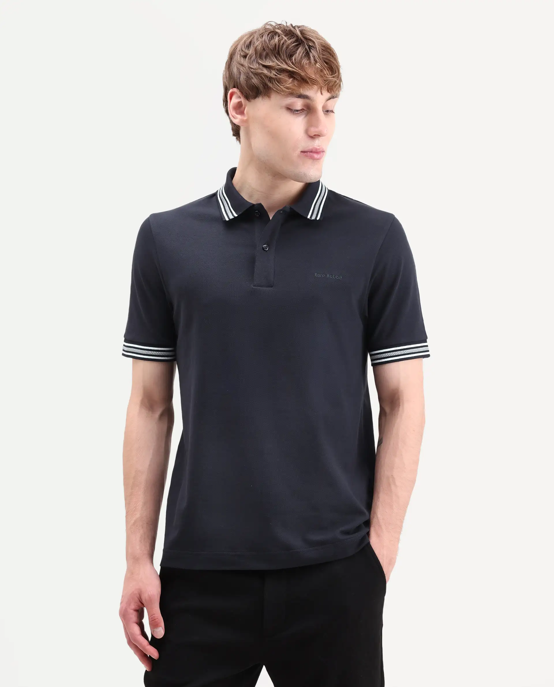Rare Rabbit Men's Nega Navy Cotton Blend Fabric Half Sleeve Spread Collar Regular Fit Plain Polo - Image 4