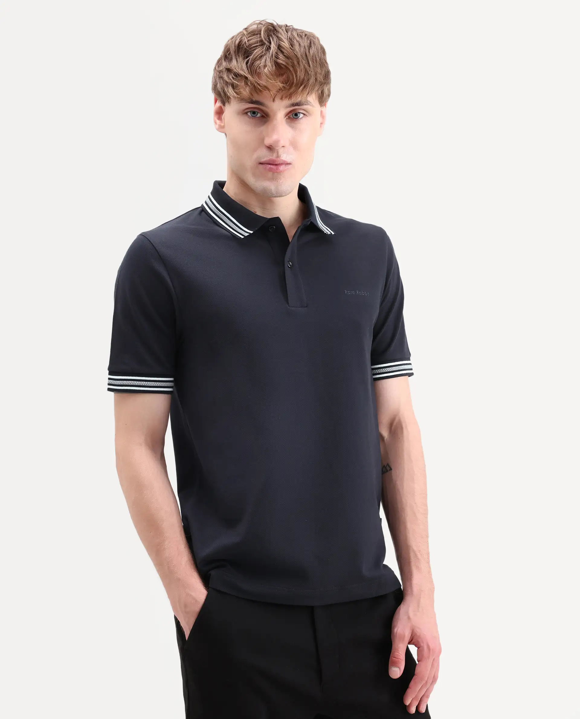 Rare Rabbit Men's Nega Navy Cotton Blend Fabric Half Sleeve Spread Collar Regular Fit Plain Polo - Image 5