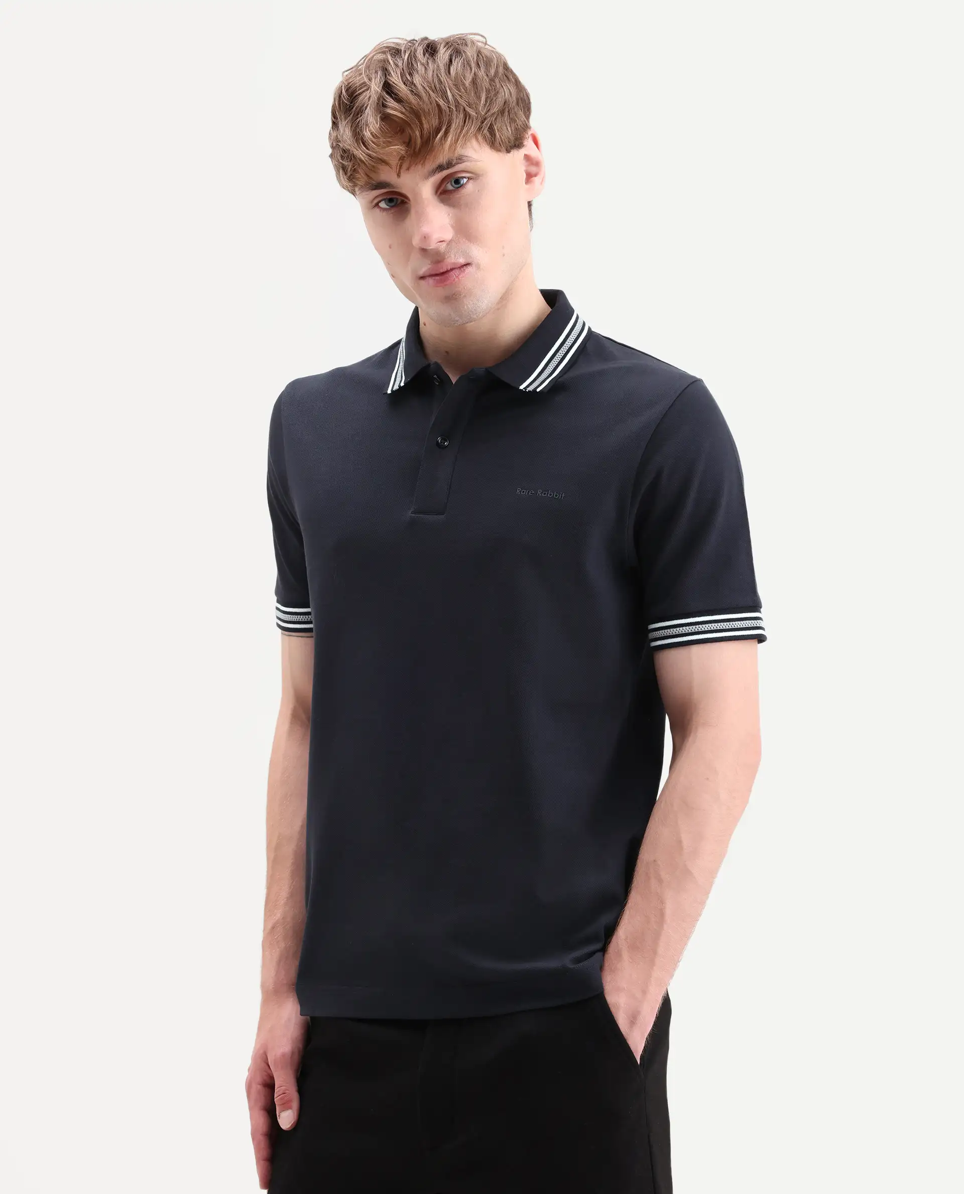 Rare Rabbit Men's Nega Navy Cotton Blend Fabric Half Sleeve Spread Collar Regular Fit Plain Polo - Image 6