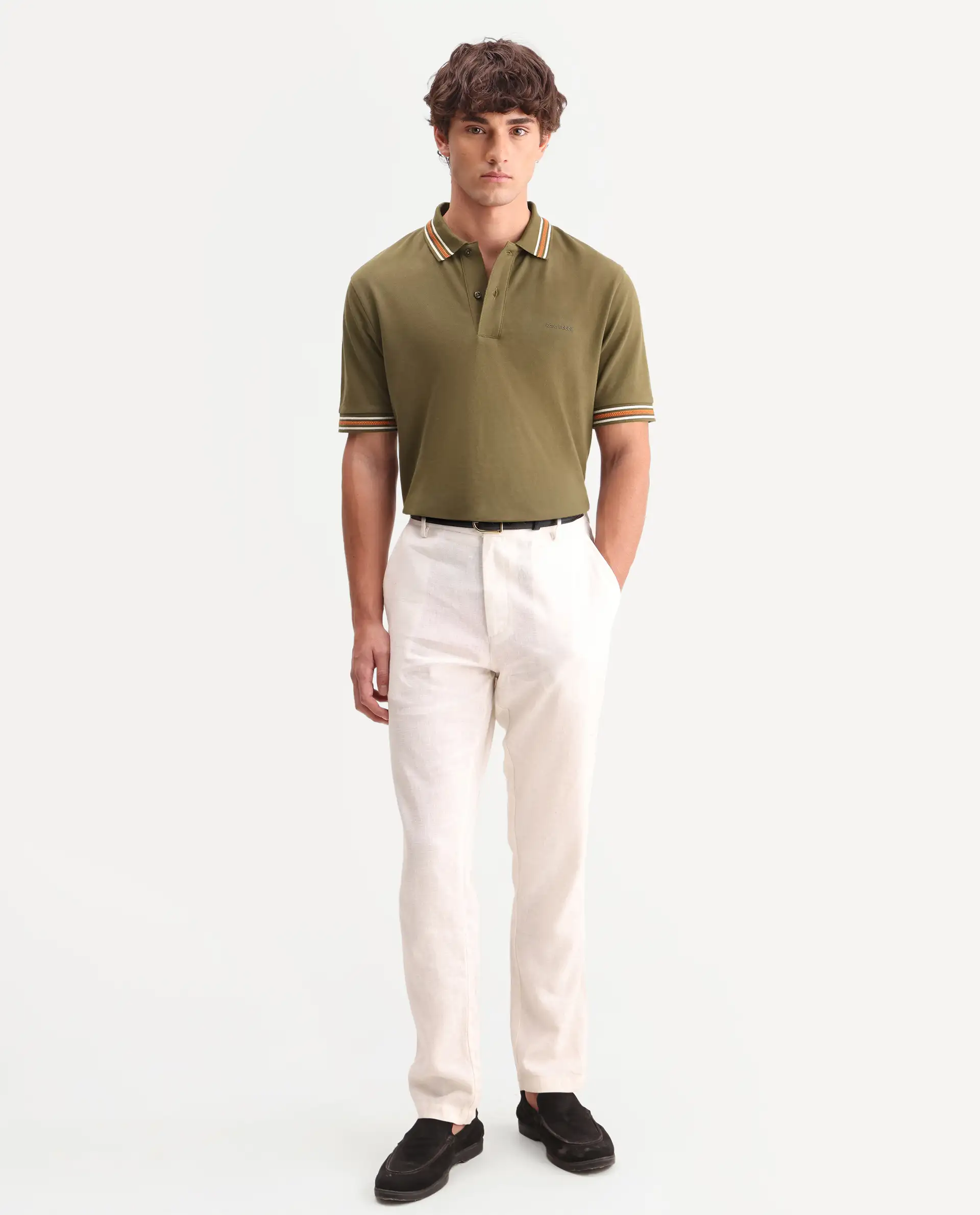 Rare Rabbit Men's Nega Olive Cotton Blend Fabric Half Sleeve Spread Collar Regular Fit Plain Polo - Image 2