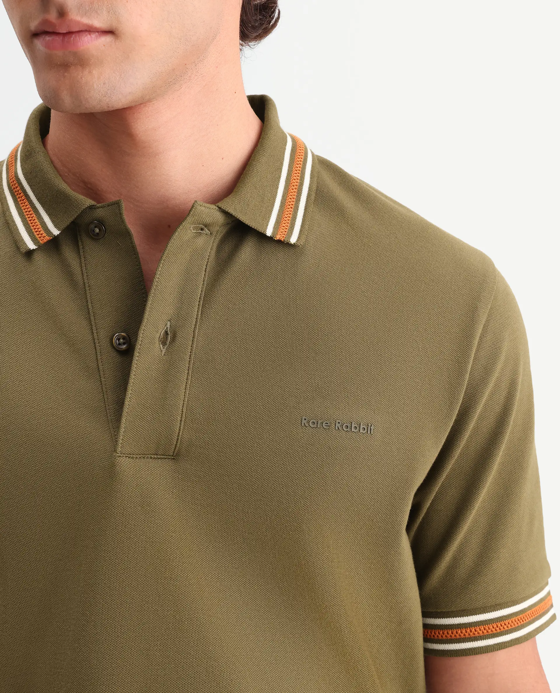 Rare Rabbit Men's Nega Olive Cotton Blend Fabric Half Sleeve Spread Collar Regular Fit Plain Polo - Image 3