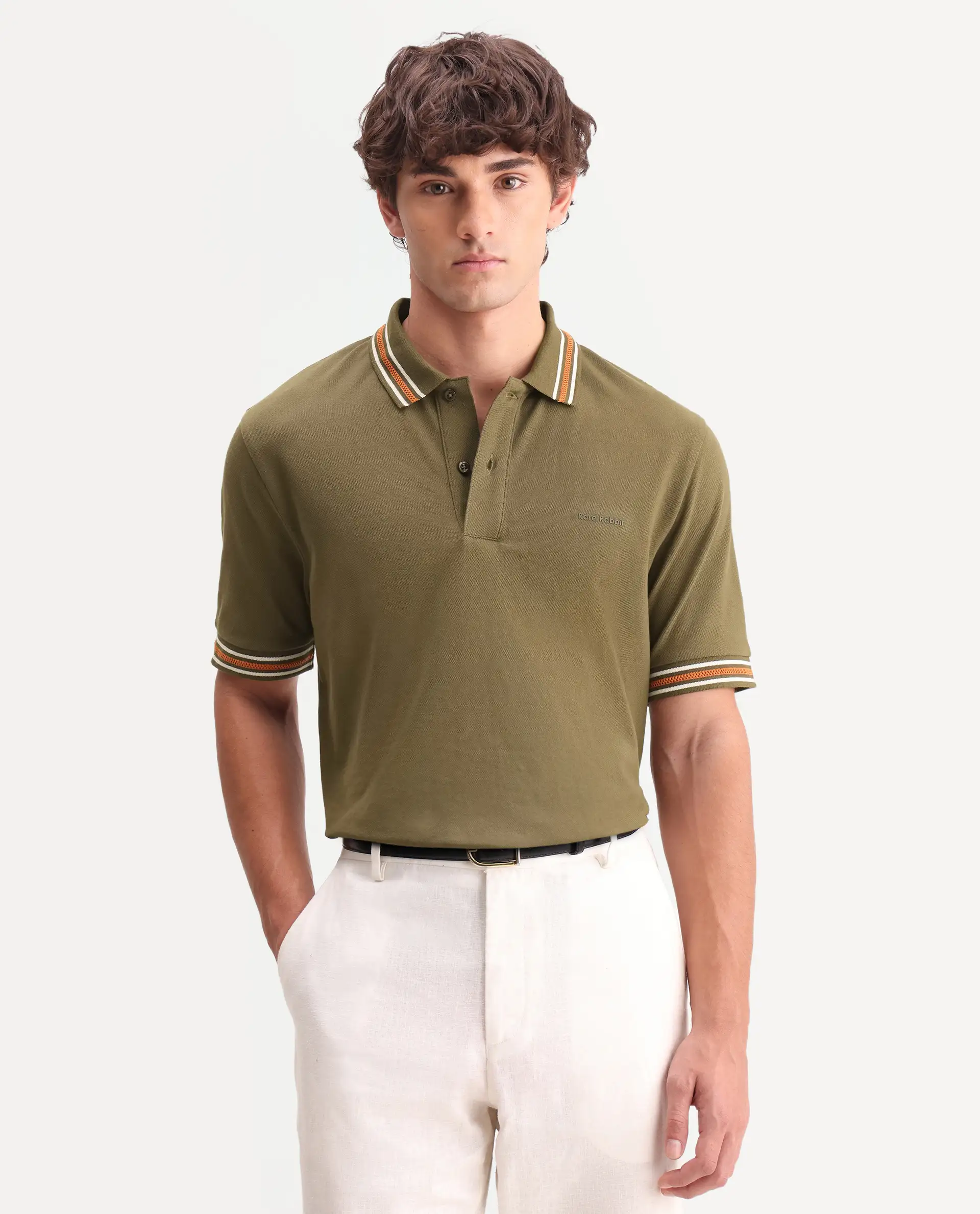Rare Rabbit Men's Nega Olive Cotton Blend Fabric Half Sleeve Spread Collar Regular Fit Plain Polo - Image 4
