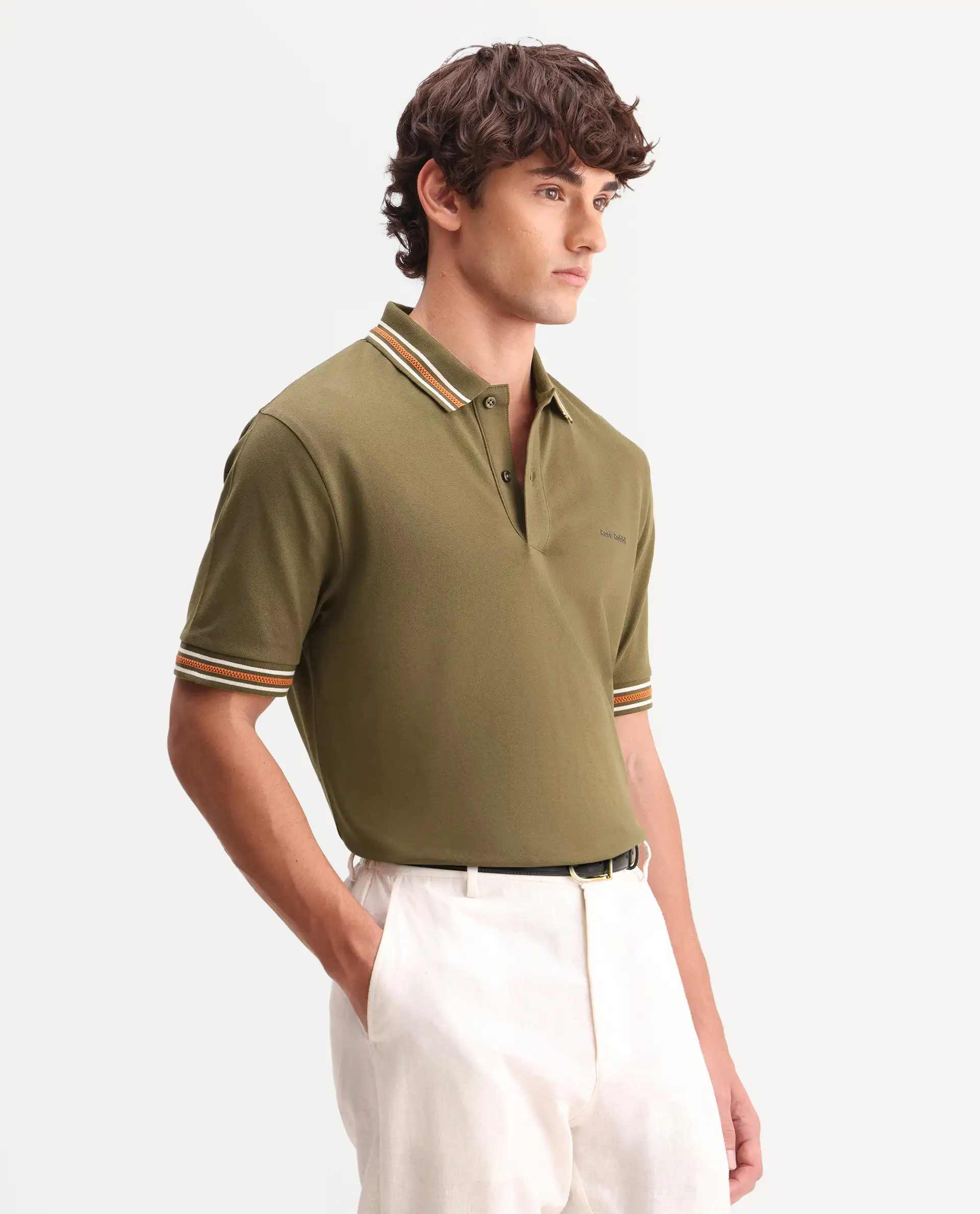 Rare Rabbit Men's Nega Olive Cotton Blend Fabric Half Sleeve Spread Collar Regular Fit Plain Polo - Image 5