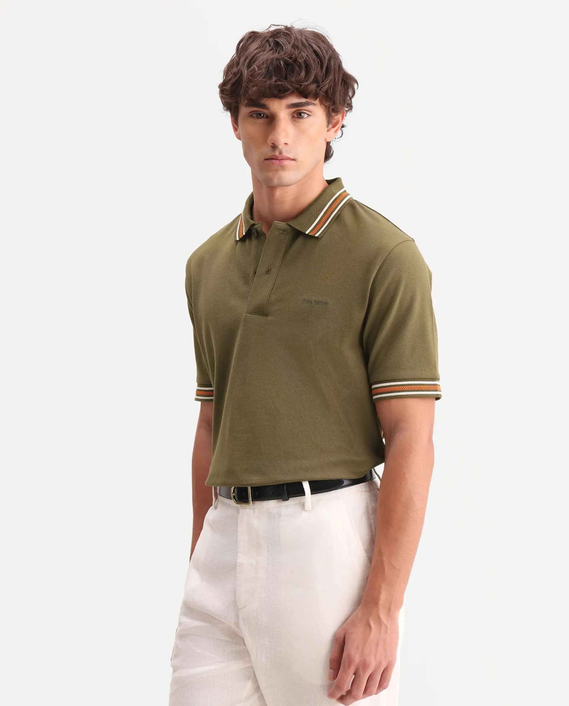 Rare Rabbit Men's Nega Olive Cotton Blend Fabric Half Sleeve Spread Collar Regular Fit Plain Polo - Image 6