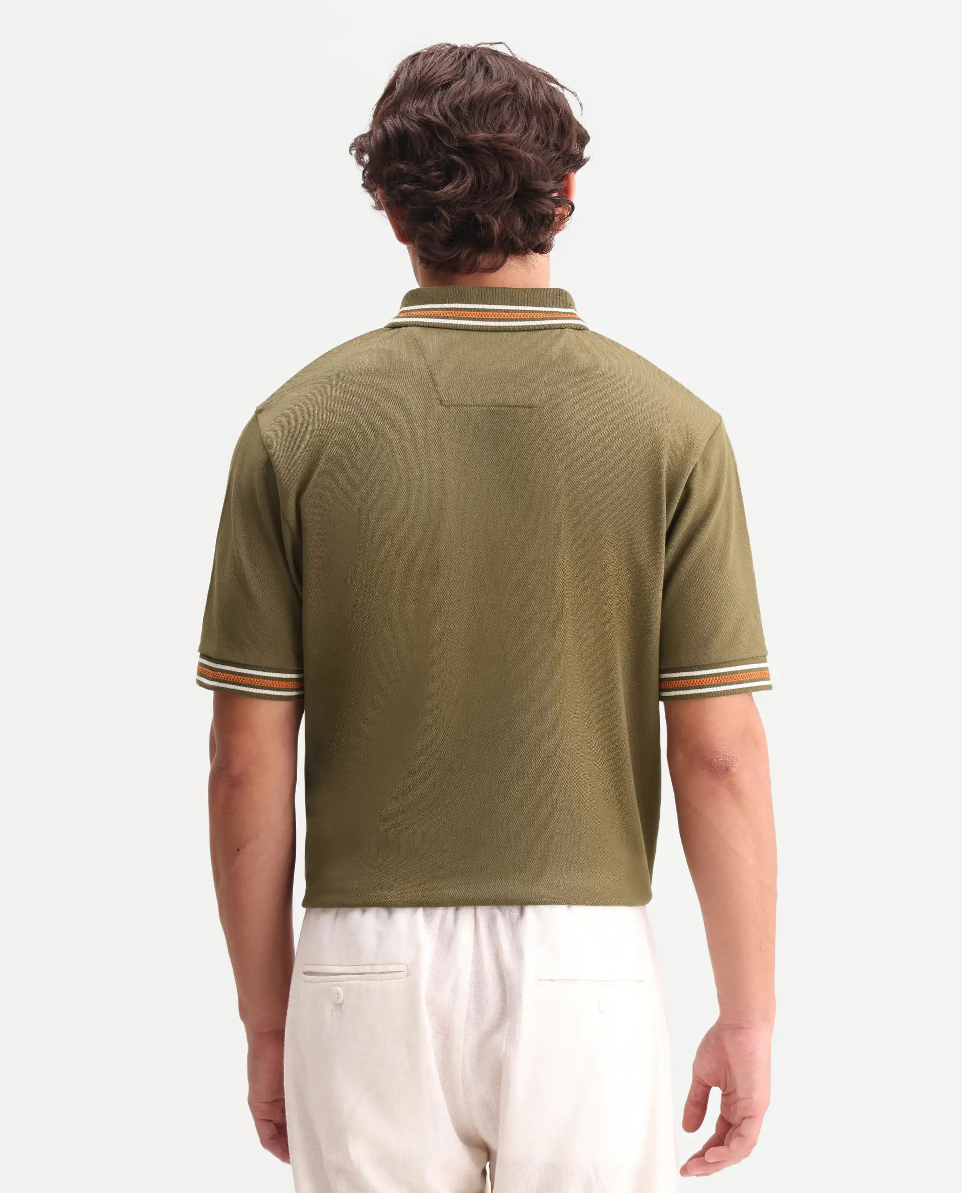 Rare Rabbit Men's Nega Olive Cotton Blend Fabric Half Sleeve Spread Collar Regular Fit Plain Polo - Image 7