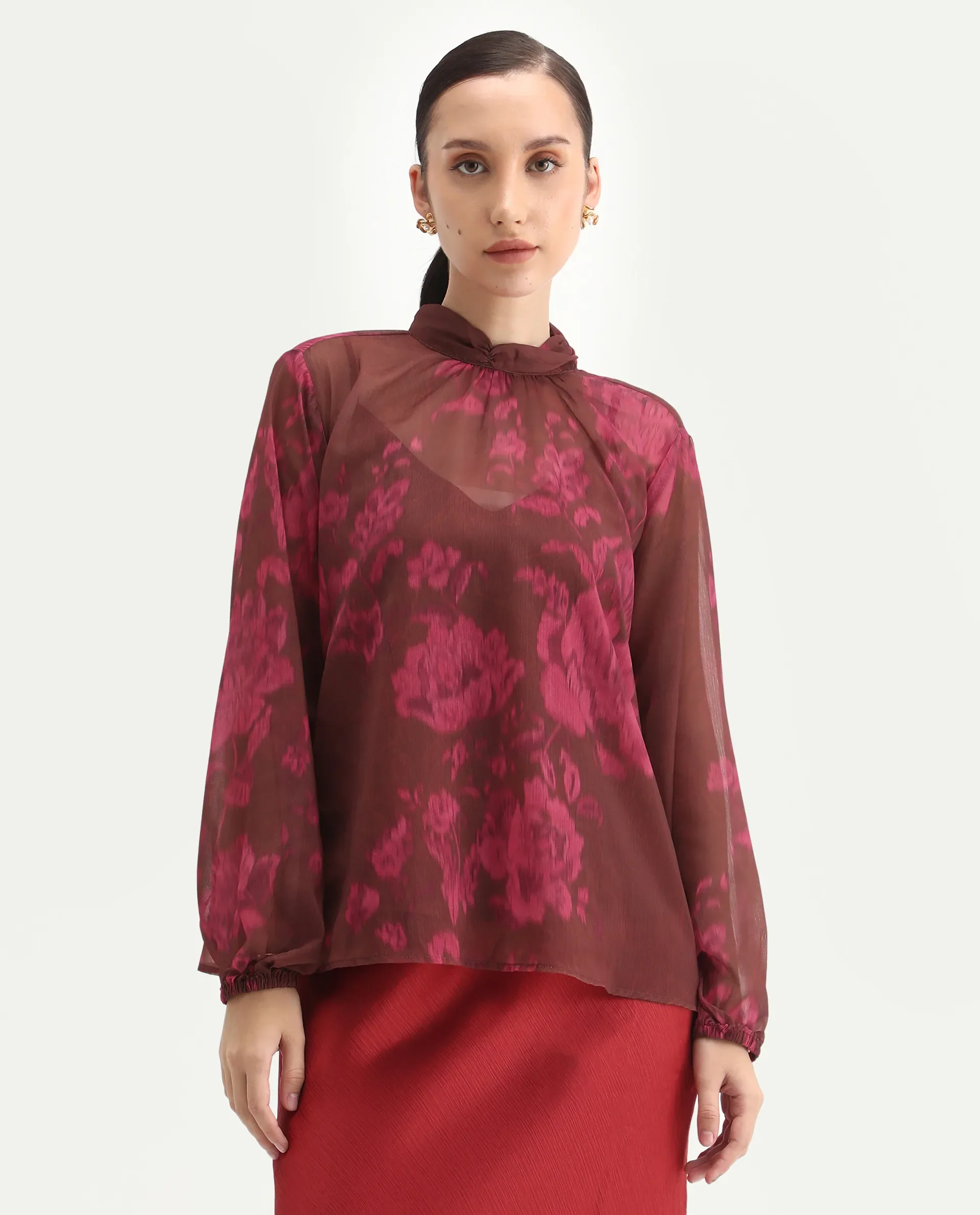 Rareism Women's Neho Brown Polyester Bishop Sleeve Band Collar Relaxed Fit Top - Image 3