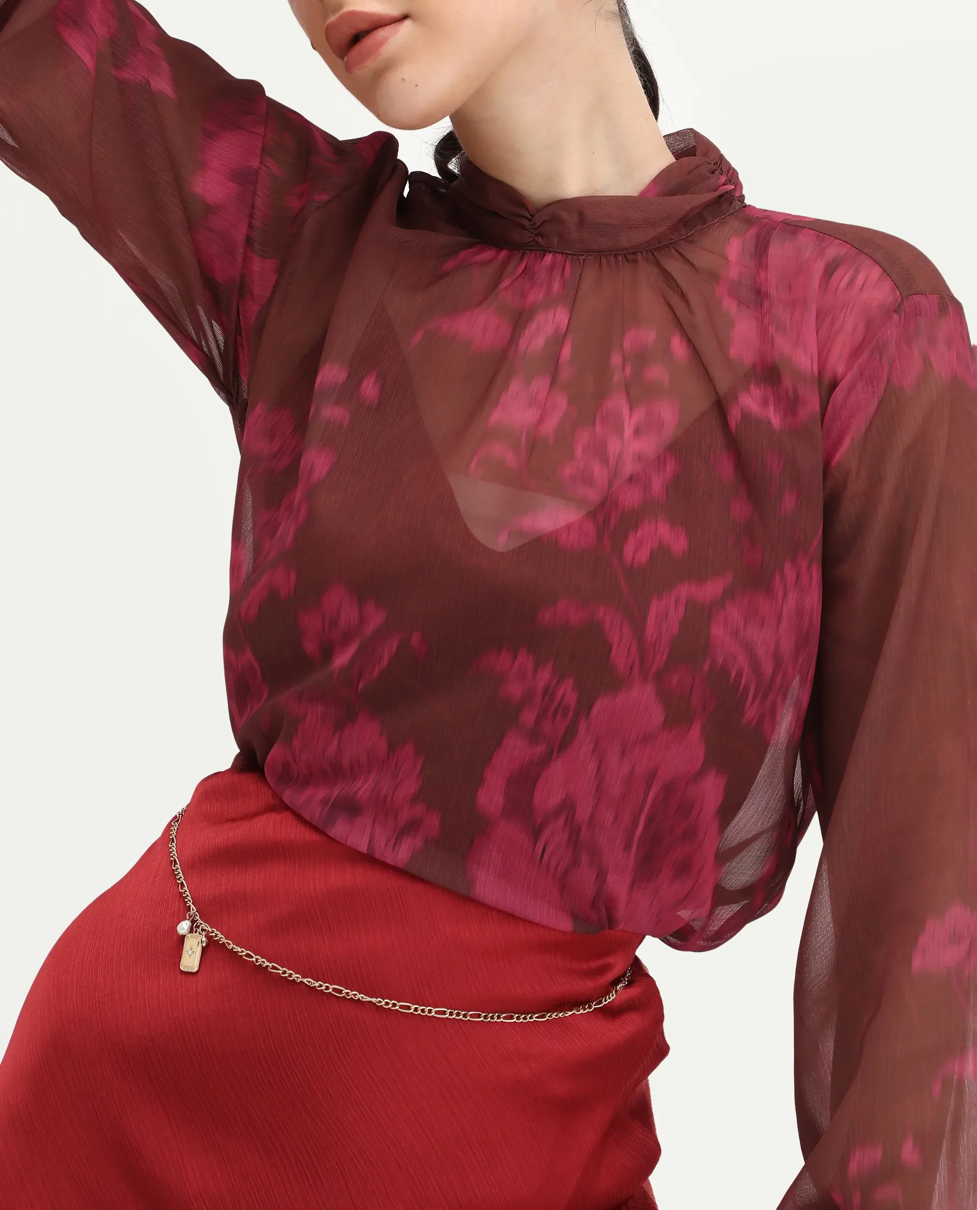 Rareism Women's Neho Brown Polyester Bishop Sleeve Band Collar Relaxed Fit Top - Image 5