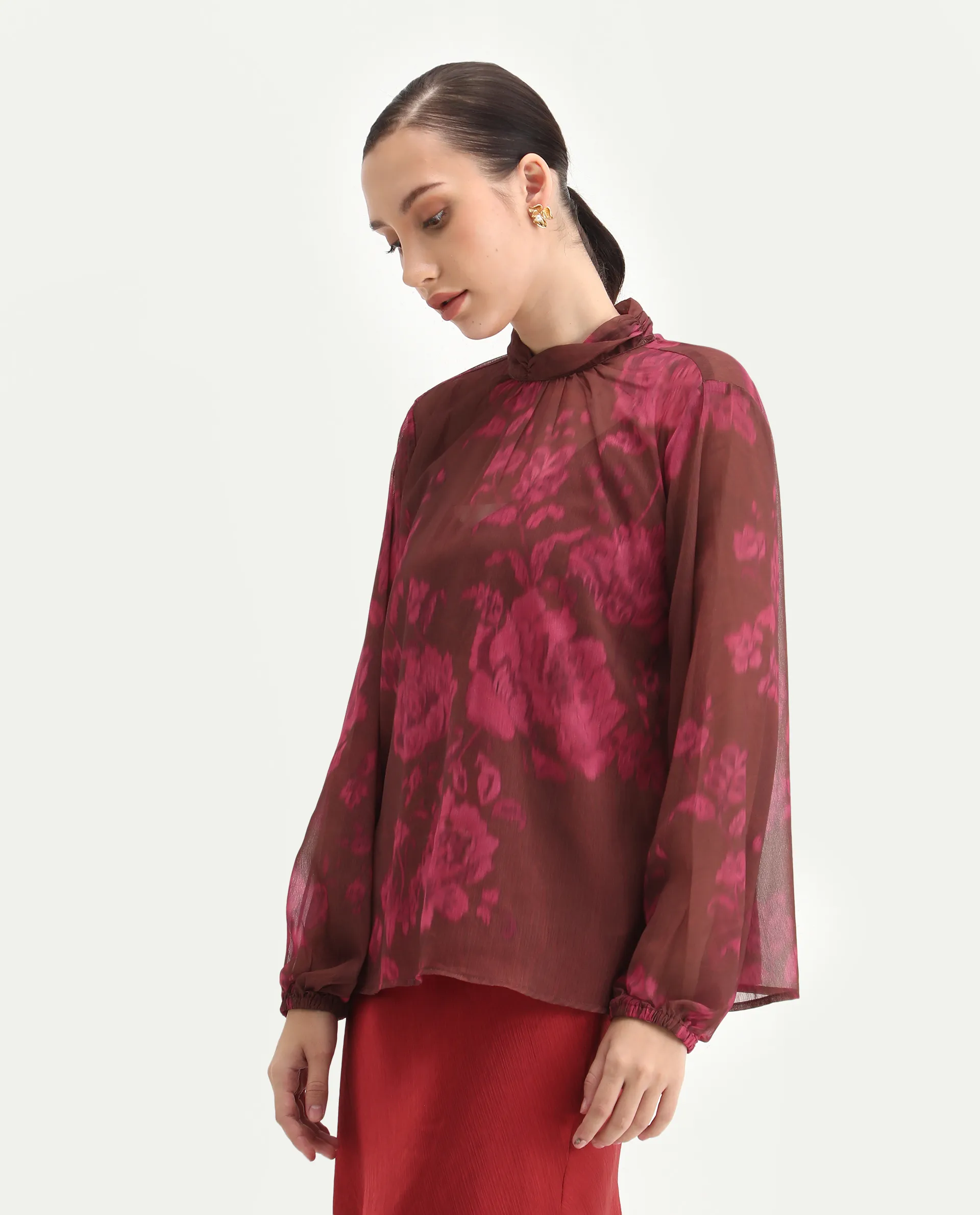 Rareism Women's Neho Brown Polyester Bishop Sleeve Band Collar Relaxed Fit Top - Image 6